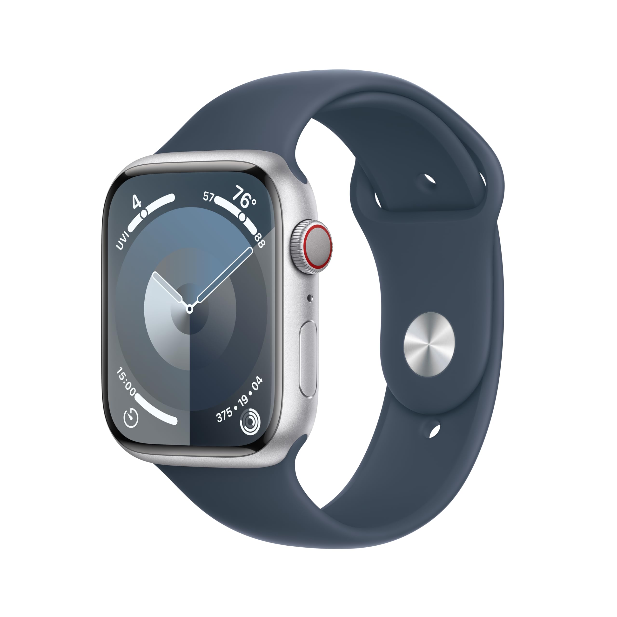 Apple Watch Series 9 [GPS + Cellular, 45mm]   Aluminum Silver Case with Storm Blue Sport Band, M/L