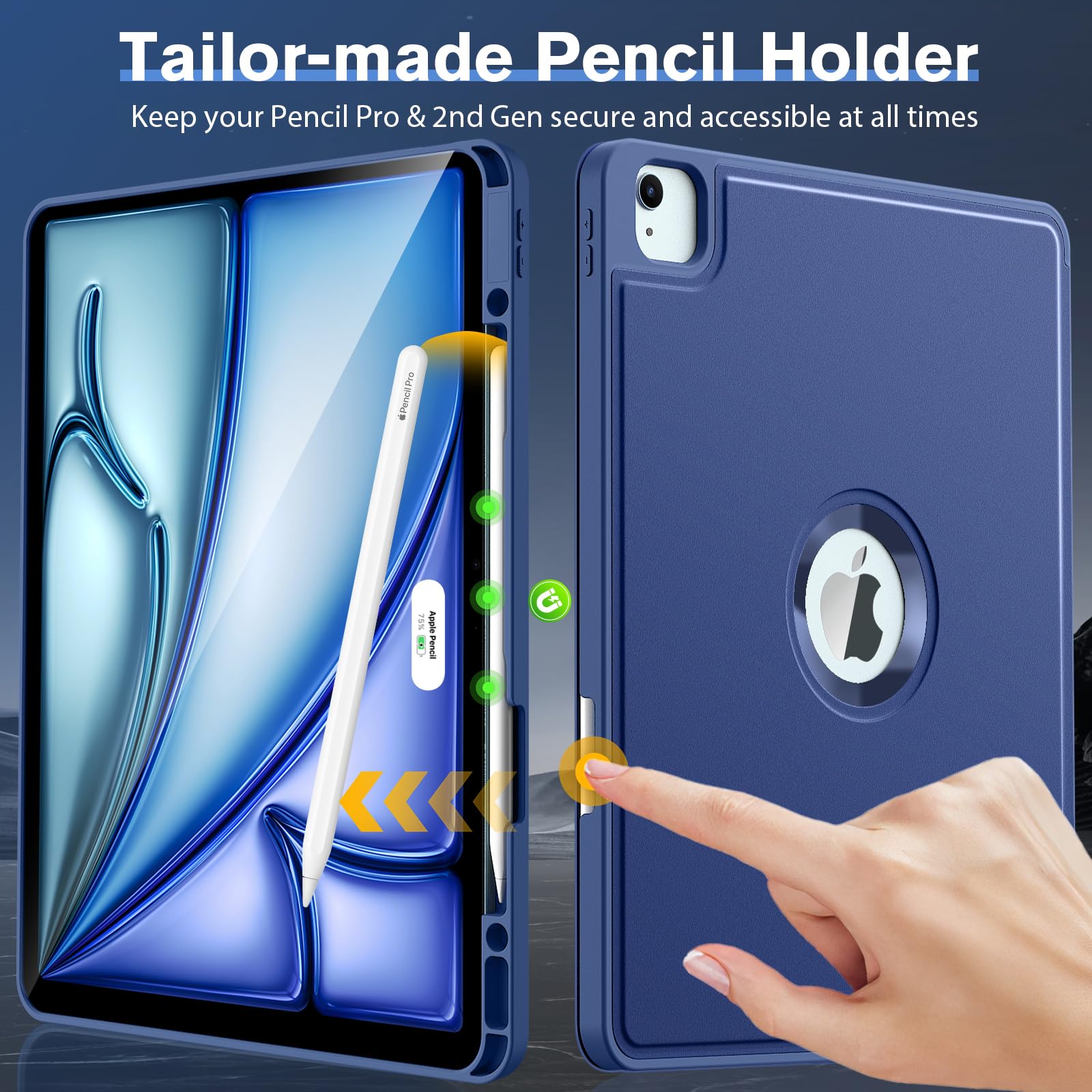 MoKo for iPad Air 13 Inch Case M2 2024/ iPad Pro 12.9 Case (6th/5th Gen 2022/2021) with Pencil Holder, Smart Protective Cover for iPad Air 13 inch with Back Trifold Stand, Auto Wake/Sleep, Navy Blue