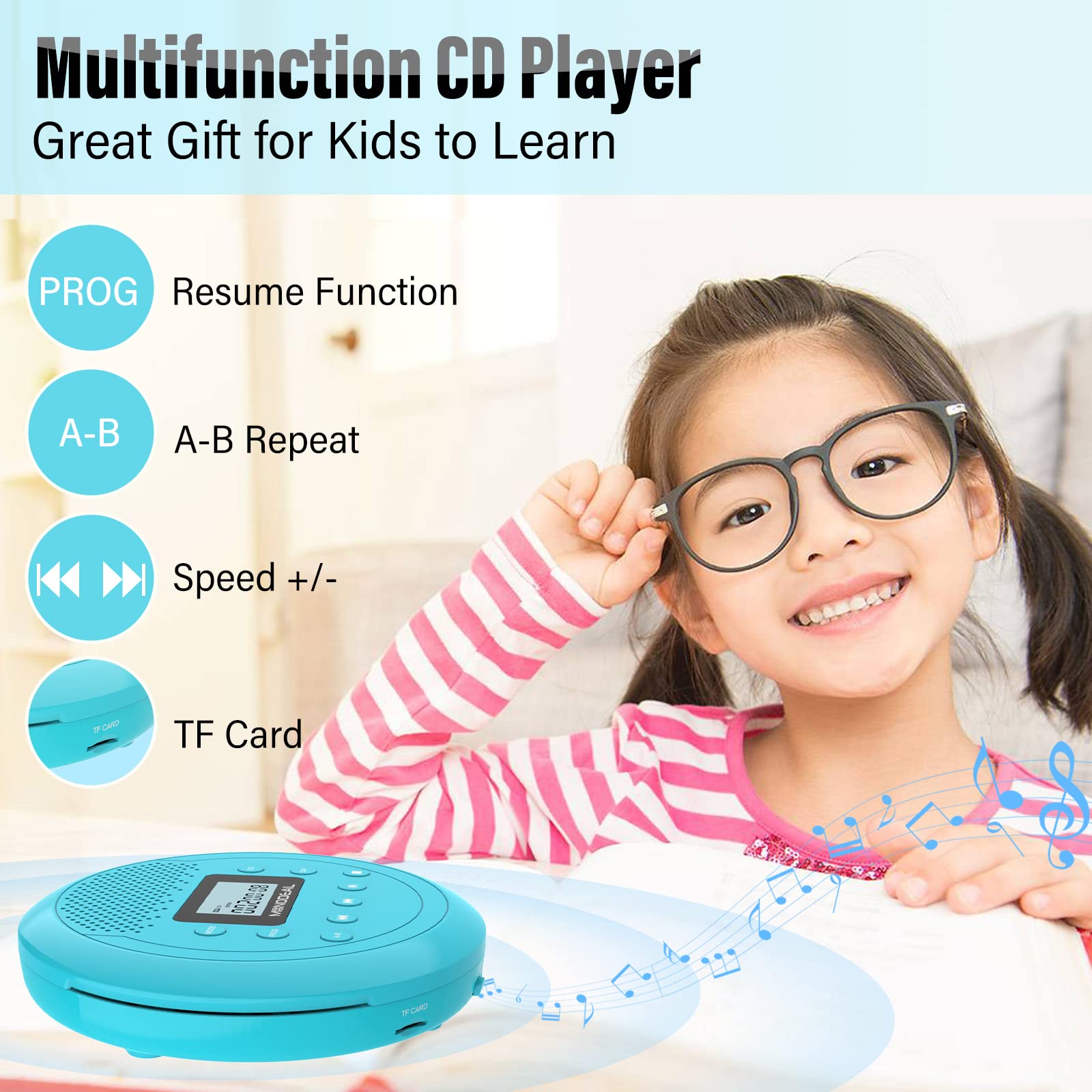 Cd Player Portable | Speaker Built In Rechargeable Cd Player By Monodeal | Walkman Cd Player For Car And Home, Kids, Anti Skip Cd Player With Headphones(Cyan Blue)