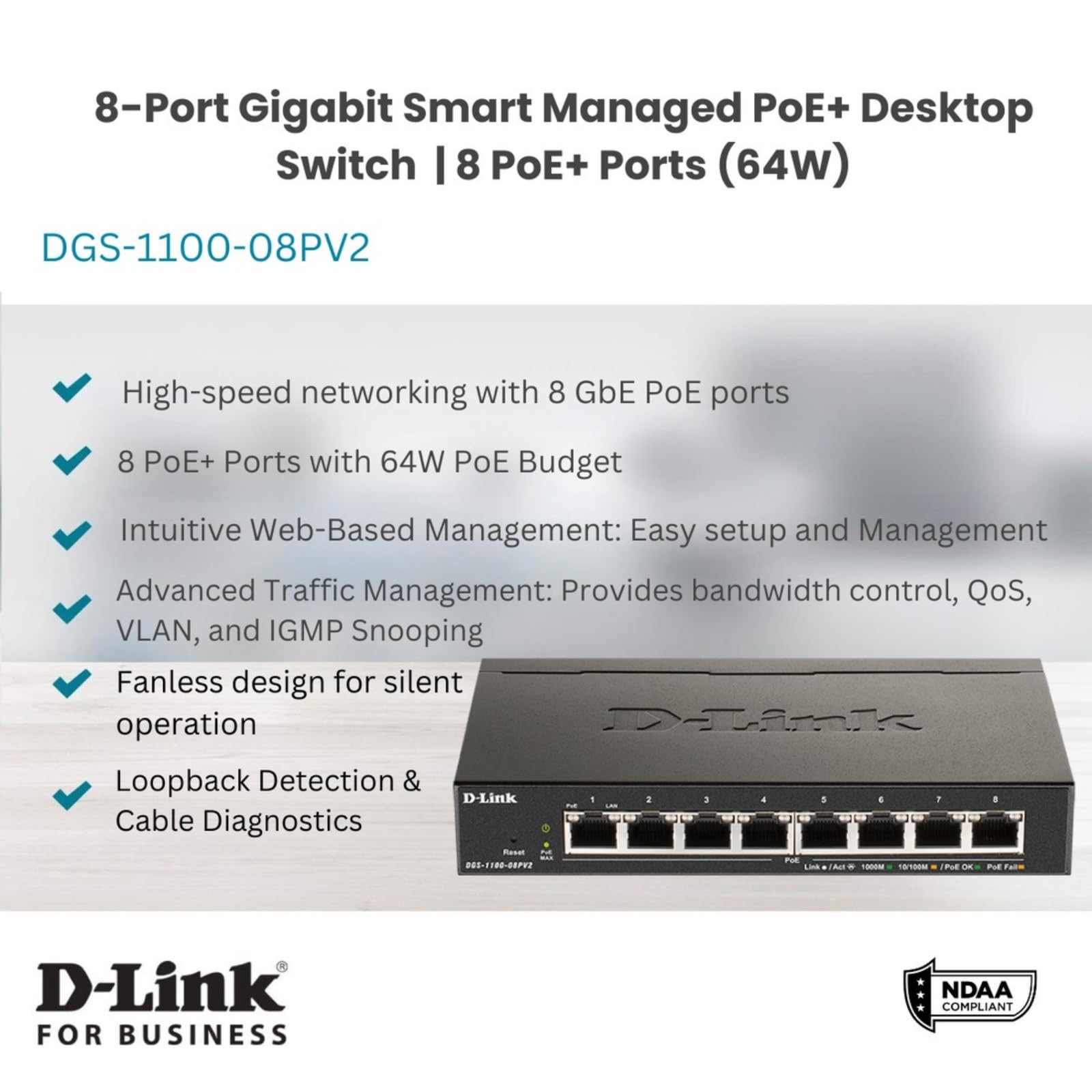D Link Ethernet Poe Switch, 8 Port Smart Managed W 64W Poe Budget Layer 2 Network Gigabit Wireless Internet (Dgs 1100 08Pv2)