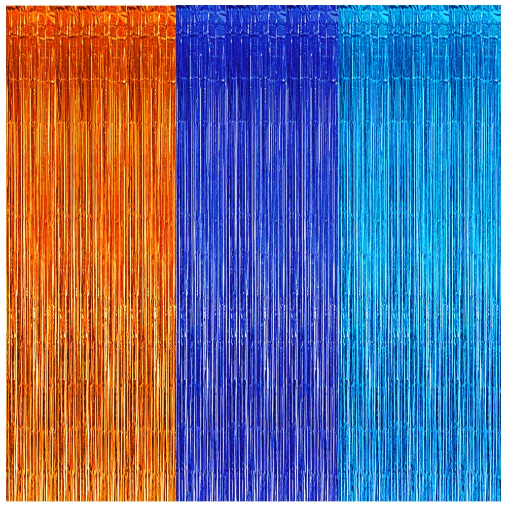 Blue And Orange Foil Fringe Curtains, Blue Orange Dog Birthday Party Supplies Blue Orange And Light Blue Streamer Backdrop Tinse