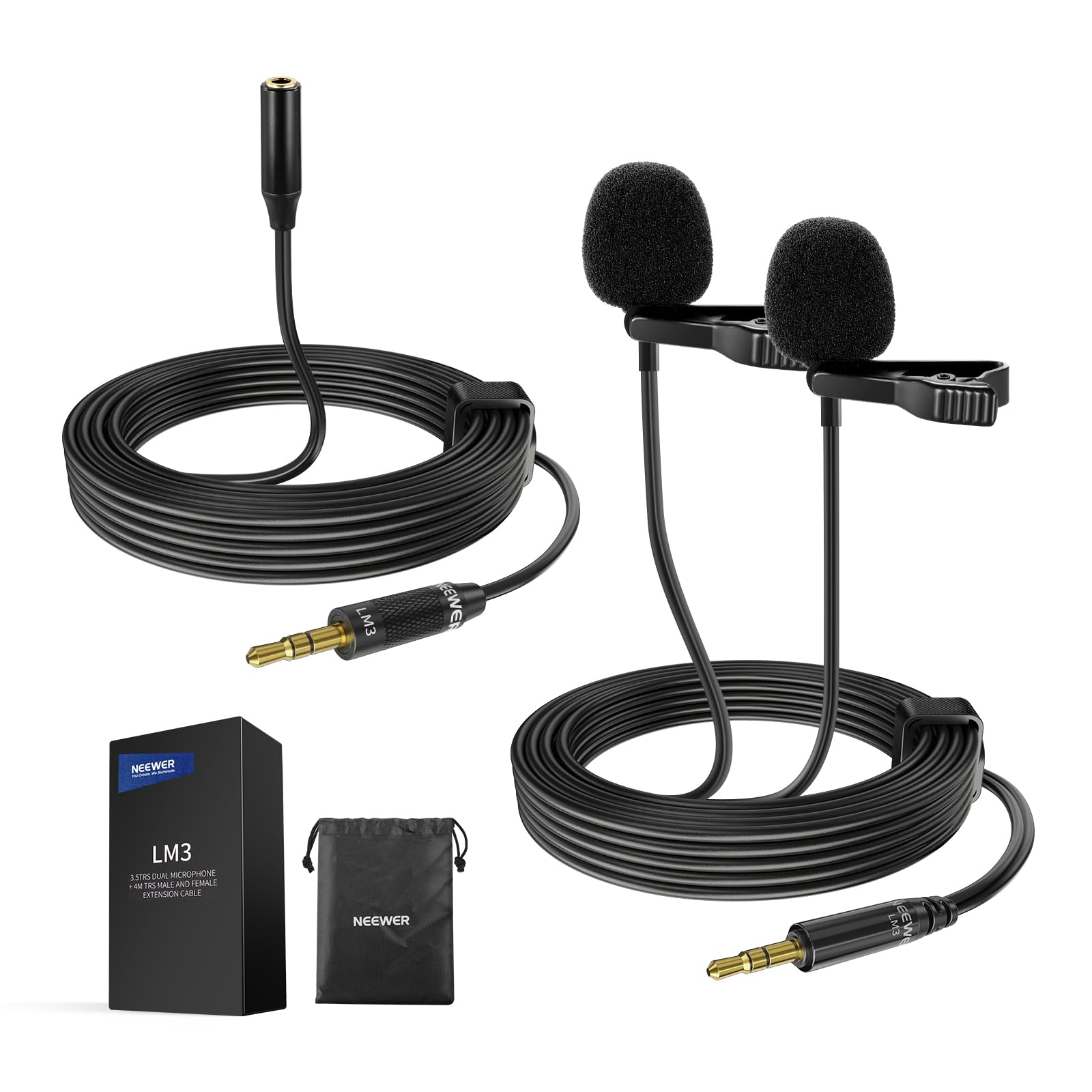 NEEWER 2m Wired Dual Lavalier Microphones with 4m Extension Cable, Mini Clip On Omnidirectional Condenser Lapel Lav Mic 3.5mm TR