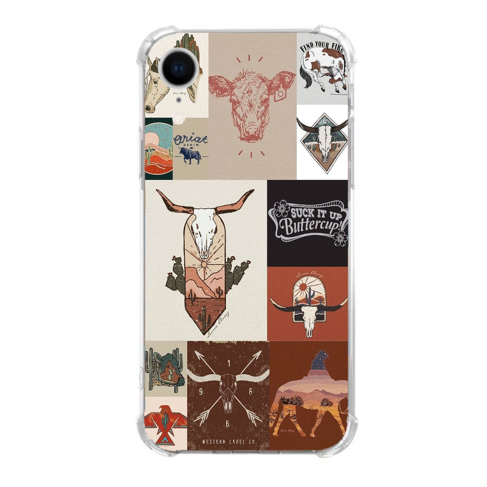 Wizeyake Western Country Collage Phone Case Compatible With Iphone Xr, Boho Western Cow Horse Collage Trendy Cool Girl Boy Case 
