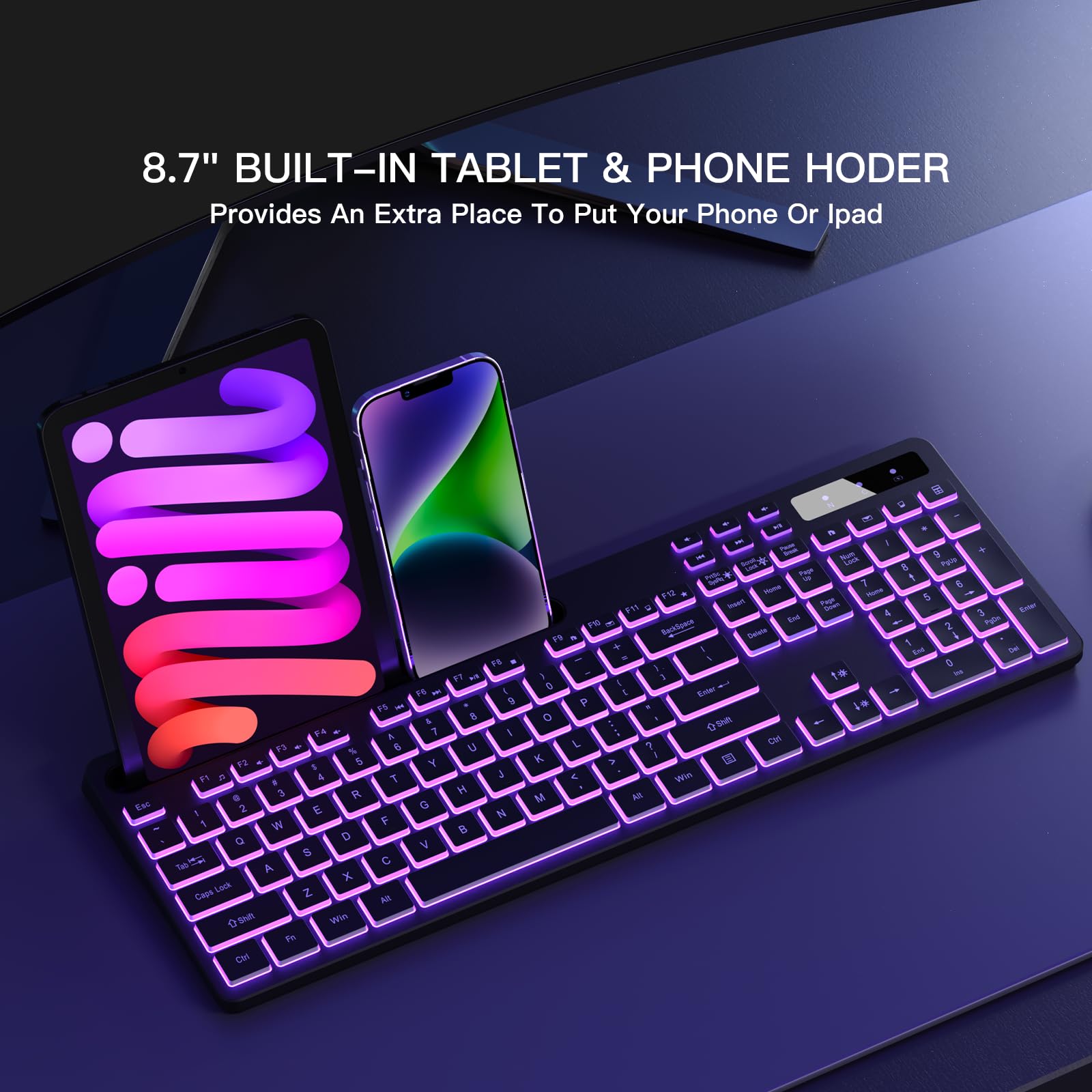 Soueto Wireless Keyboard With 7 Color Rgb Backlit, Full Size Computer Keyboard With Phone Tablet Holder, Rechargeable 2.4G Wirel
