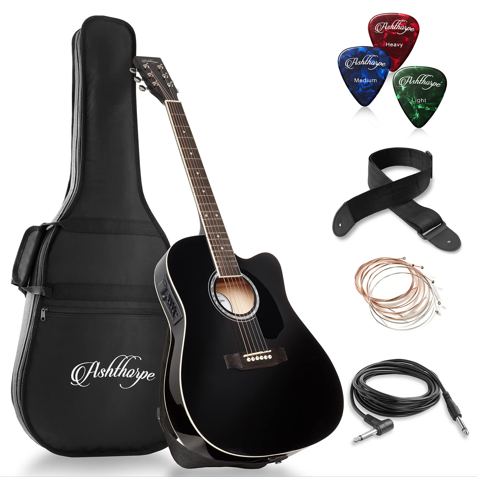 Ashthorpe Full Size Cutaway Thinline Acoustic Electric Guitar Package   Premium Tonewoods   Black