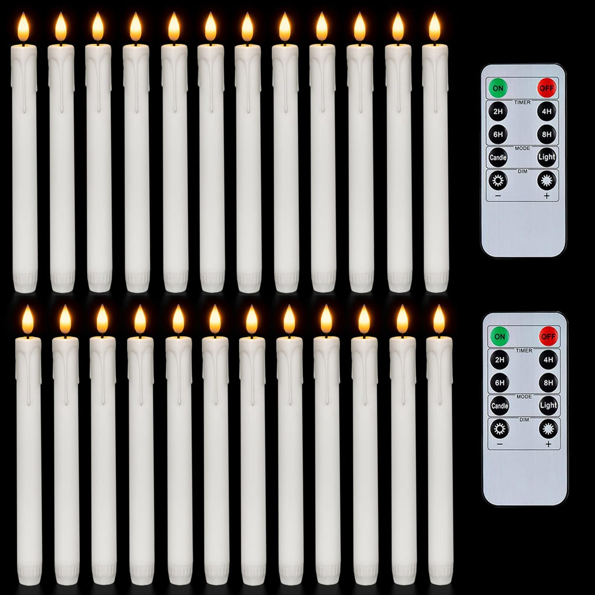 Homemory 24 Pcs Plastic Flameless Taper Candles With Remote Timer Dimmer, White Taper Candles Battery Operated With Flickering F
