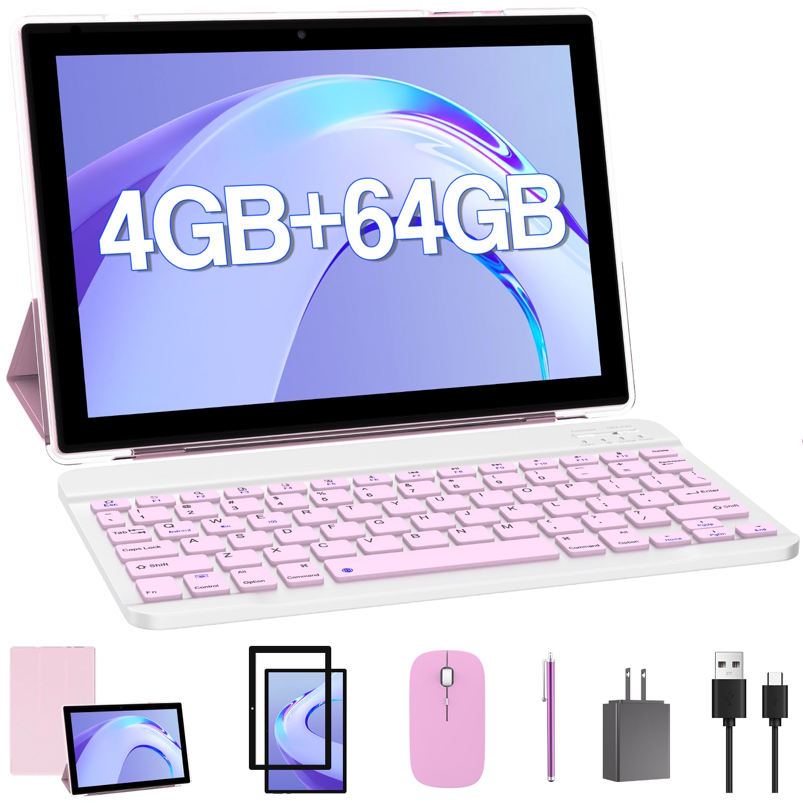 Yqsavior Tablet 10 Inch, 2 In 1 Tablet With Keyboard, 4Gb+64Gb Android 12 Tablet Pc, Quad Core, 1280 * 800 Hd Screen, Dual Camer