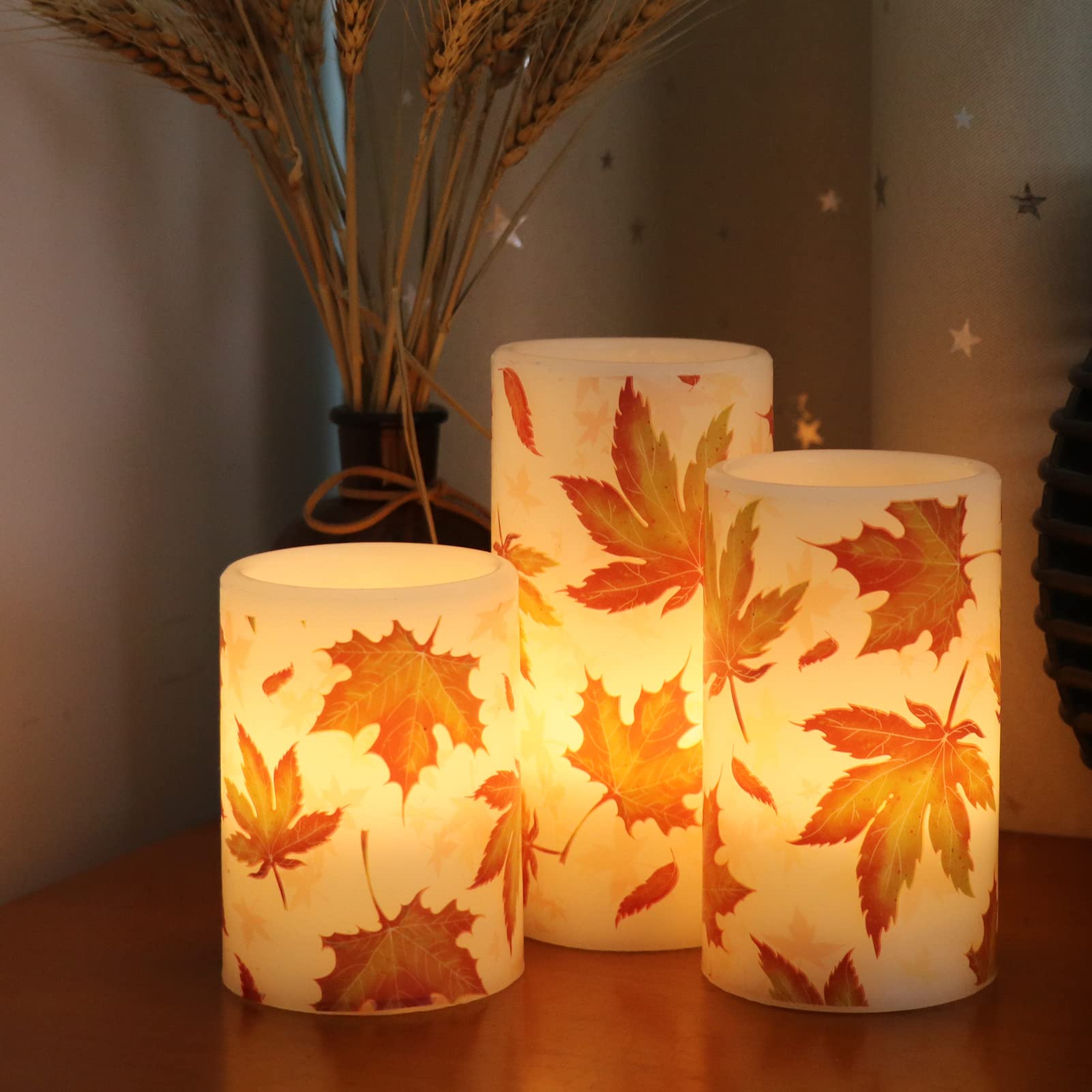 Genswin Maple Leaf Flickering Flameless Candles Battery Operated With 6 Hours Timer, Real Wax Led Pillar Led Candles Christms We