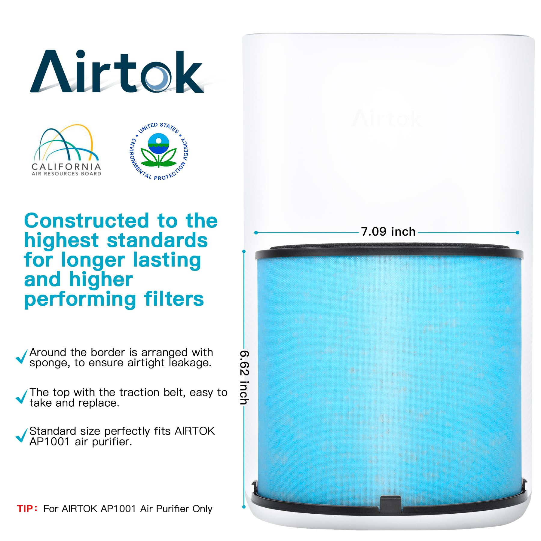 Airtok Air Purifier Ap1001 Replacement Filter, 5 Layer Purification System, H13 True Hepa Filter