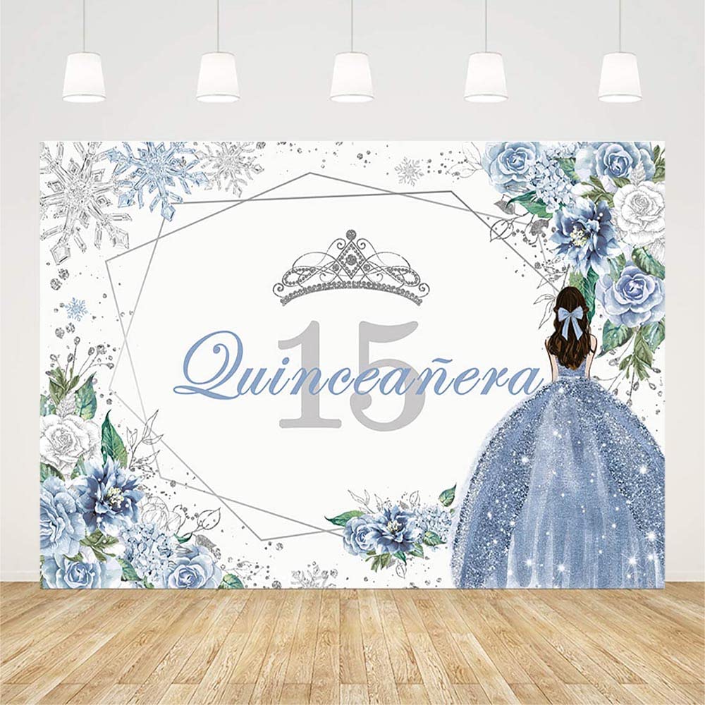 Sendy 7X5Ft Quinceanera 15Th Birthday Backdrop For Sweet Girl Mis Quince Anos 15Th Birthday Party Decorations Blue Silver Glitte