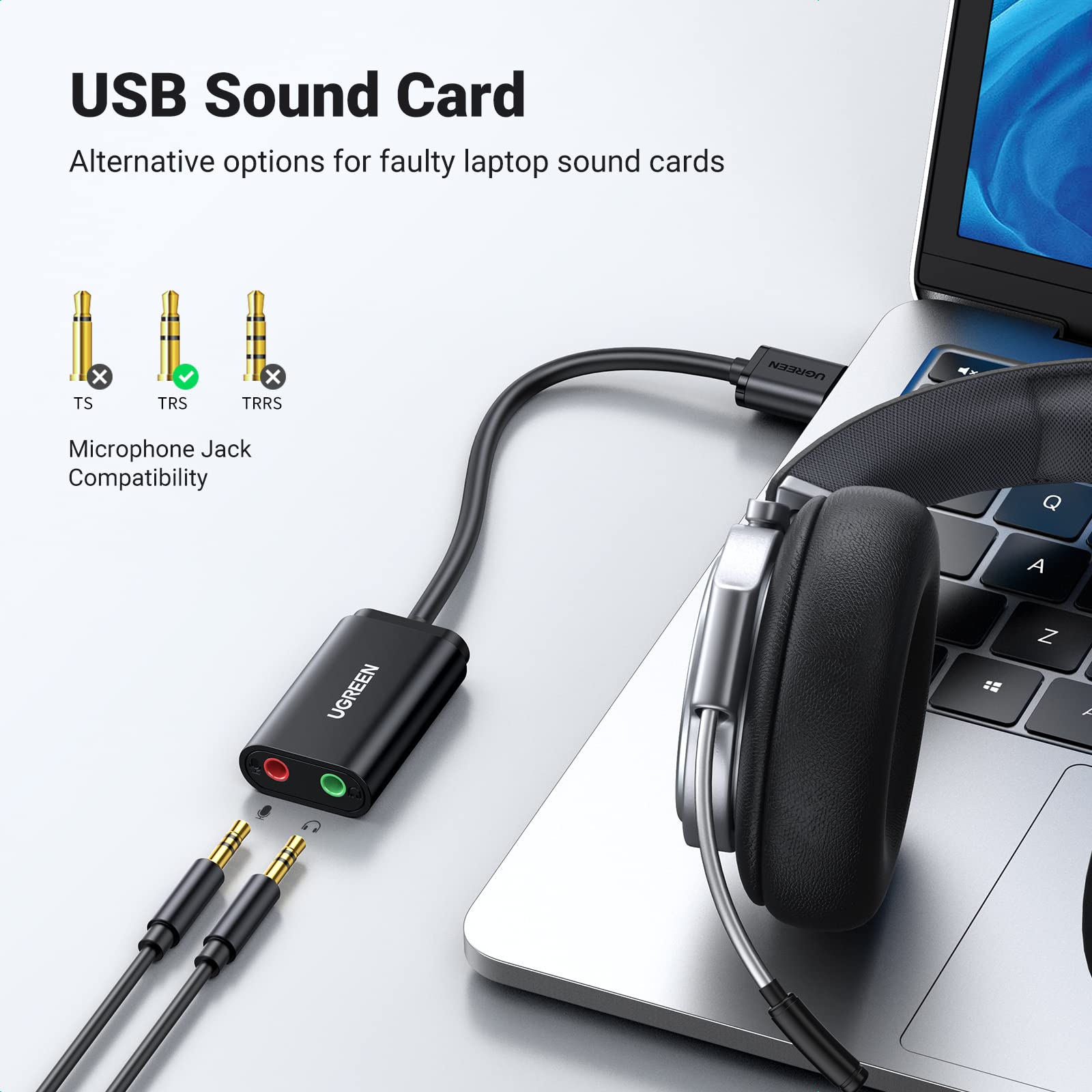 Ugreen Usb To Audio Jack Sound Card Adapter With Dual Trs 3-Pole Headphone And Microphone Usb To Aux 3.5Mm External Audio Conver