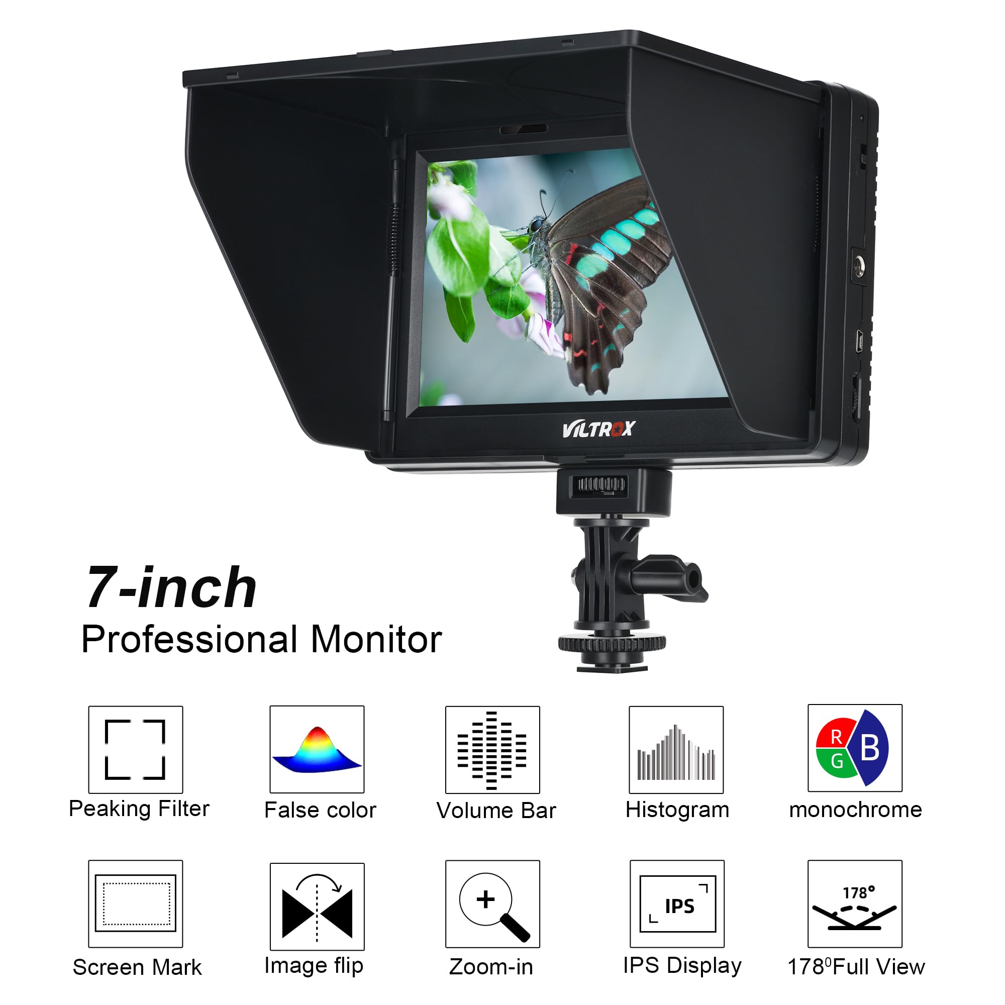 Viltrox Dc 70 Ii 7 Inch Camera Field Monitor, 4K Hdmi Av Input/Output Camera Video Monitor Kit With Sunshade Hood/Battery, Peaki