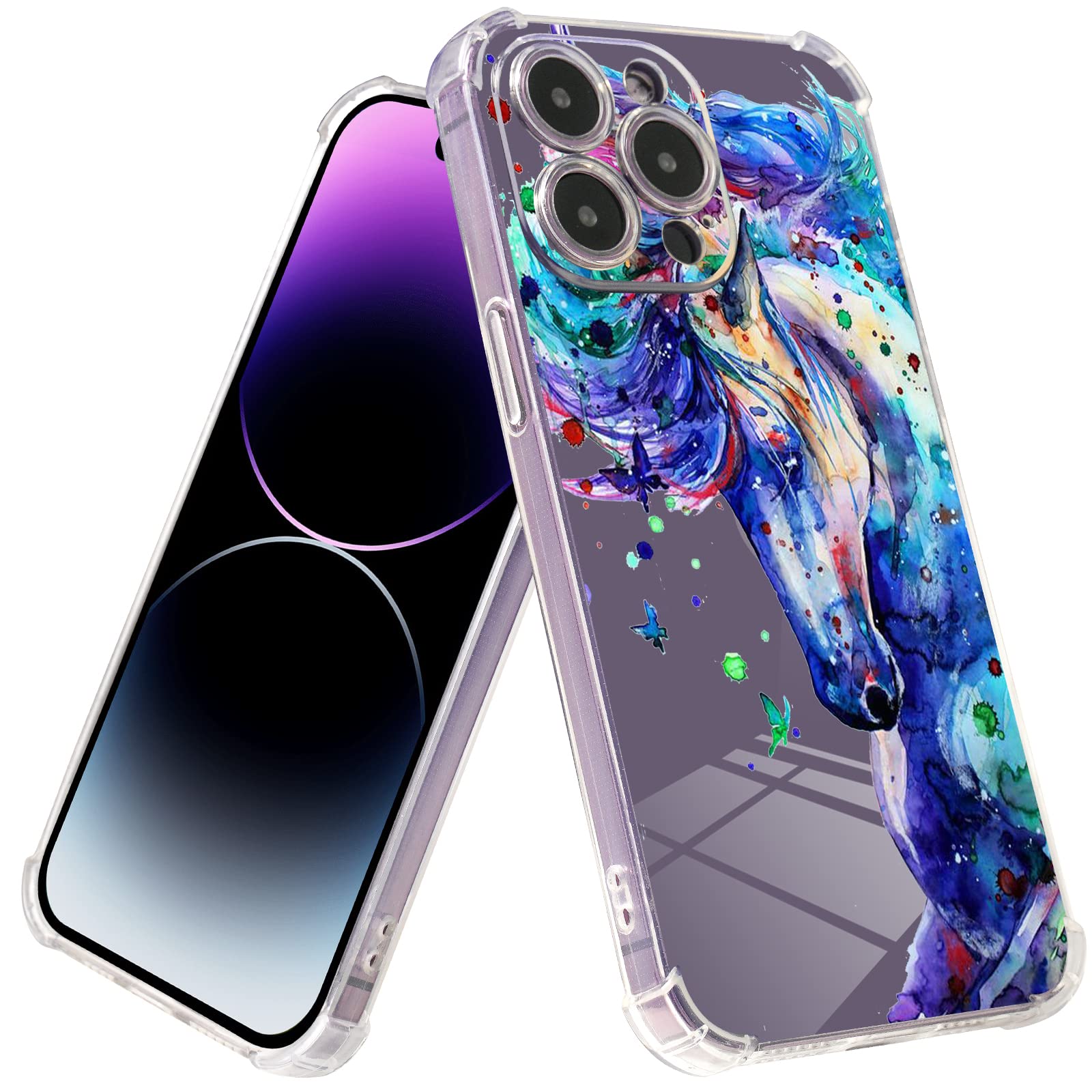Roemary Purple Case For Iphone 14 With Blue Horse Design,Watercolor Pattern With Screen Protector [Buffertech 6.6 Ft Drop Impact
