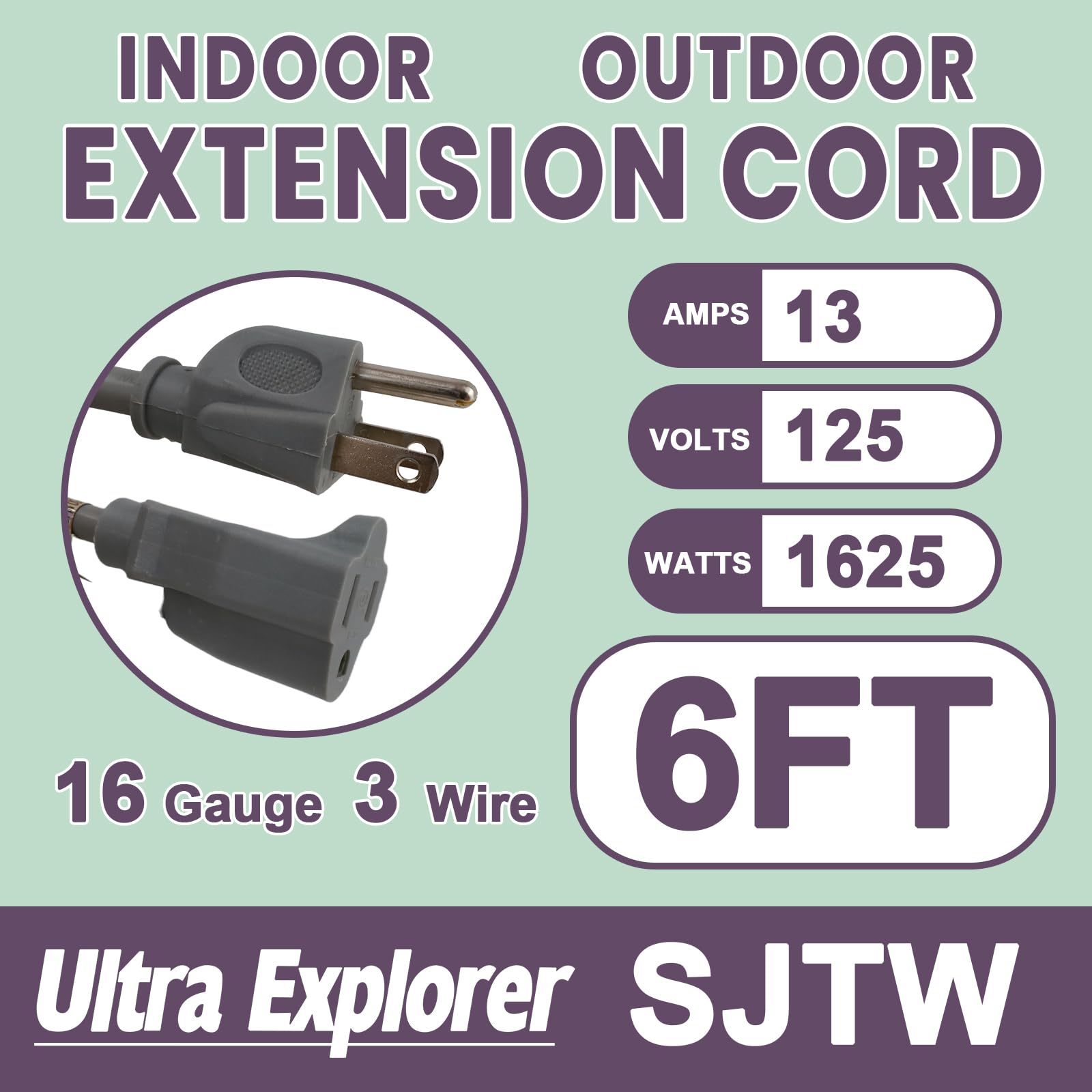6 Ft Indoor Extension Cord, 16/3 Gauge Extension Cord Ouside, 3 Prong Grounded Plug Gray Electrical Cable, Sjtw, 13A 1625W, Ul L