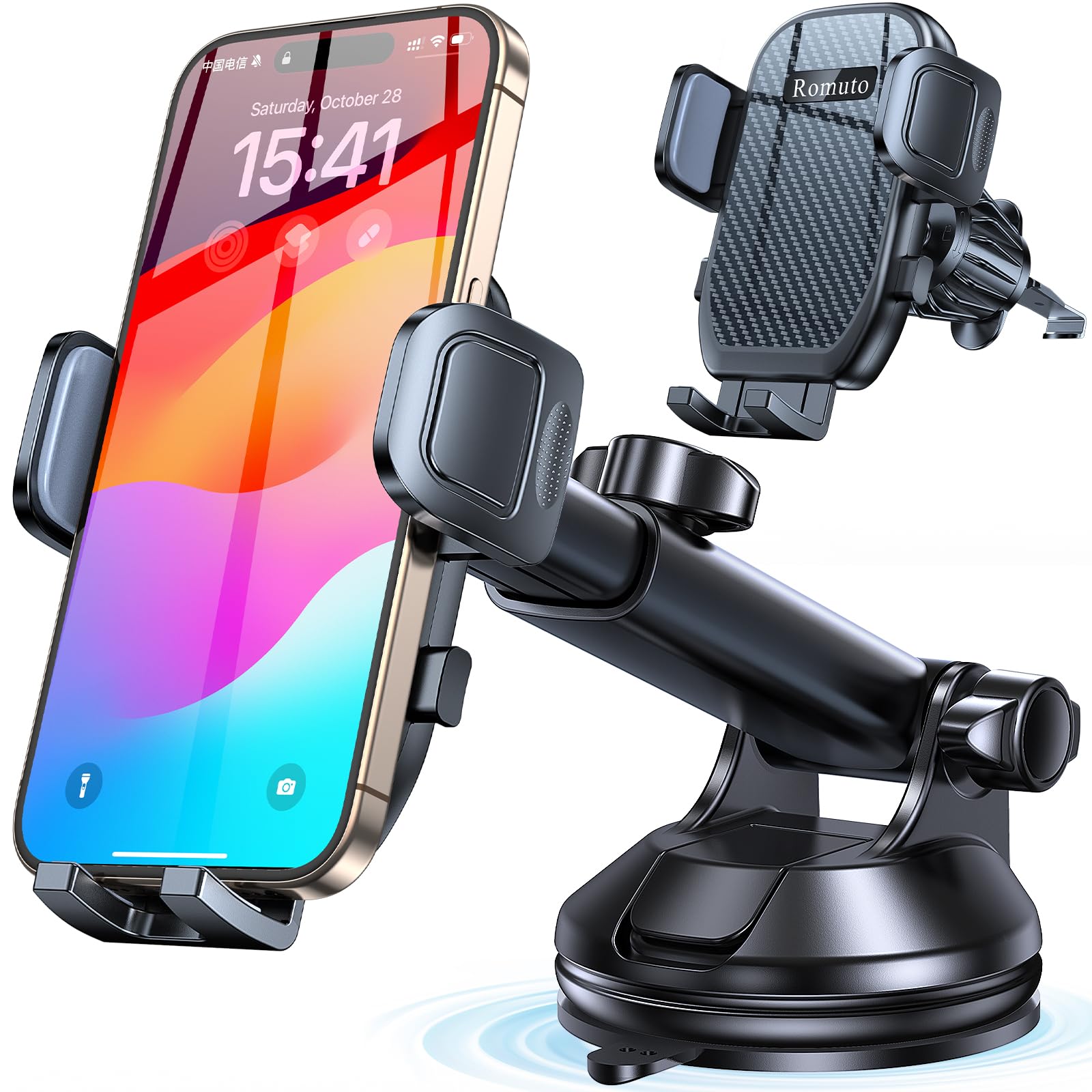 Romuto Car Phone Holder Mount?Windshield+Vent+Dash?Suction Cup Phone Holders For Your Car Phone Mount?Powerful Suction?Cell Phon