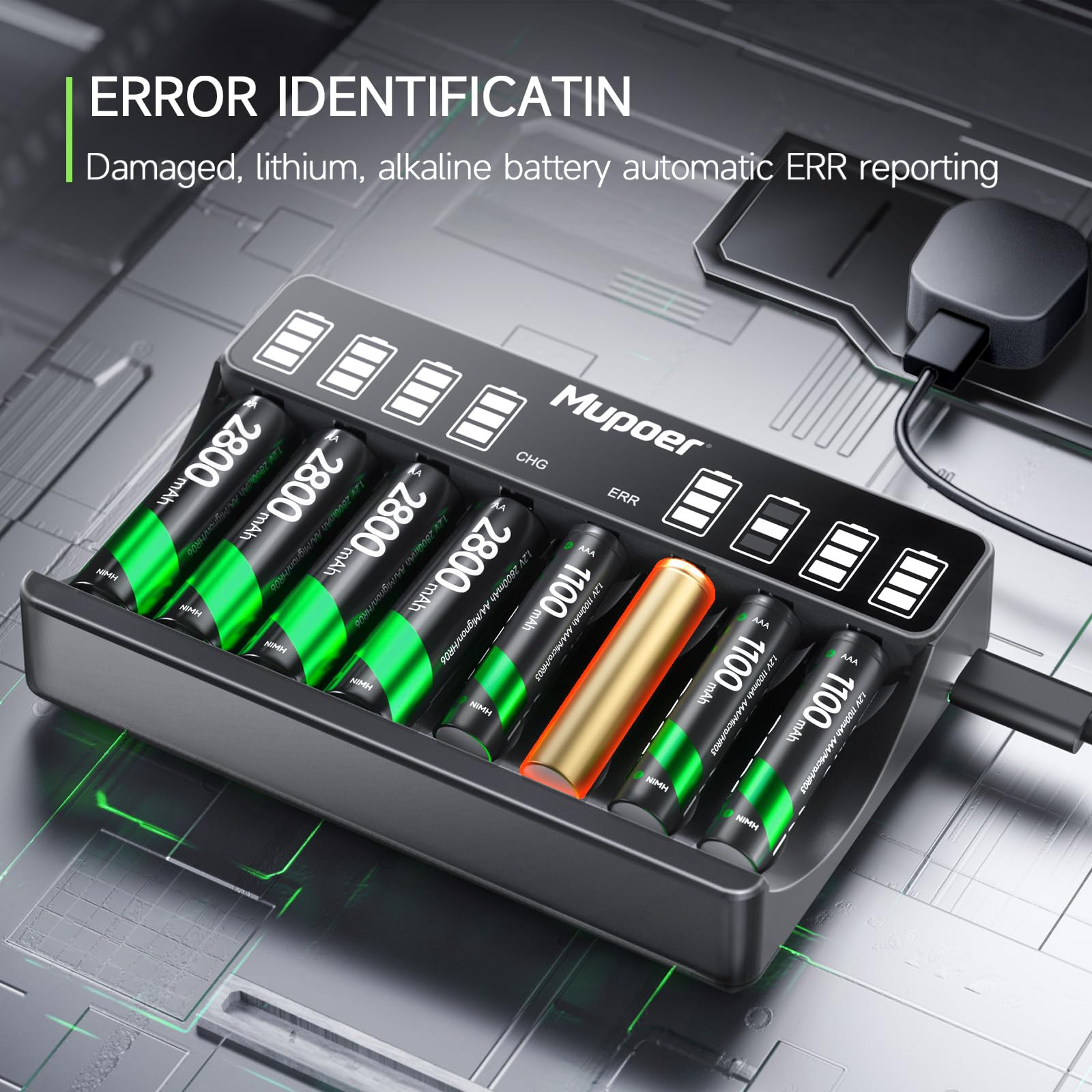 Mupoer Lcd Aa Aaa Battery Charger, 8 Bays Individual Charger For Ni Mh Ni Cd Rechargeable Batteries, Larger Lcd Screen Battery C