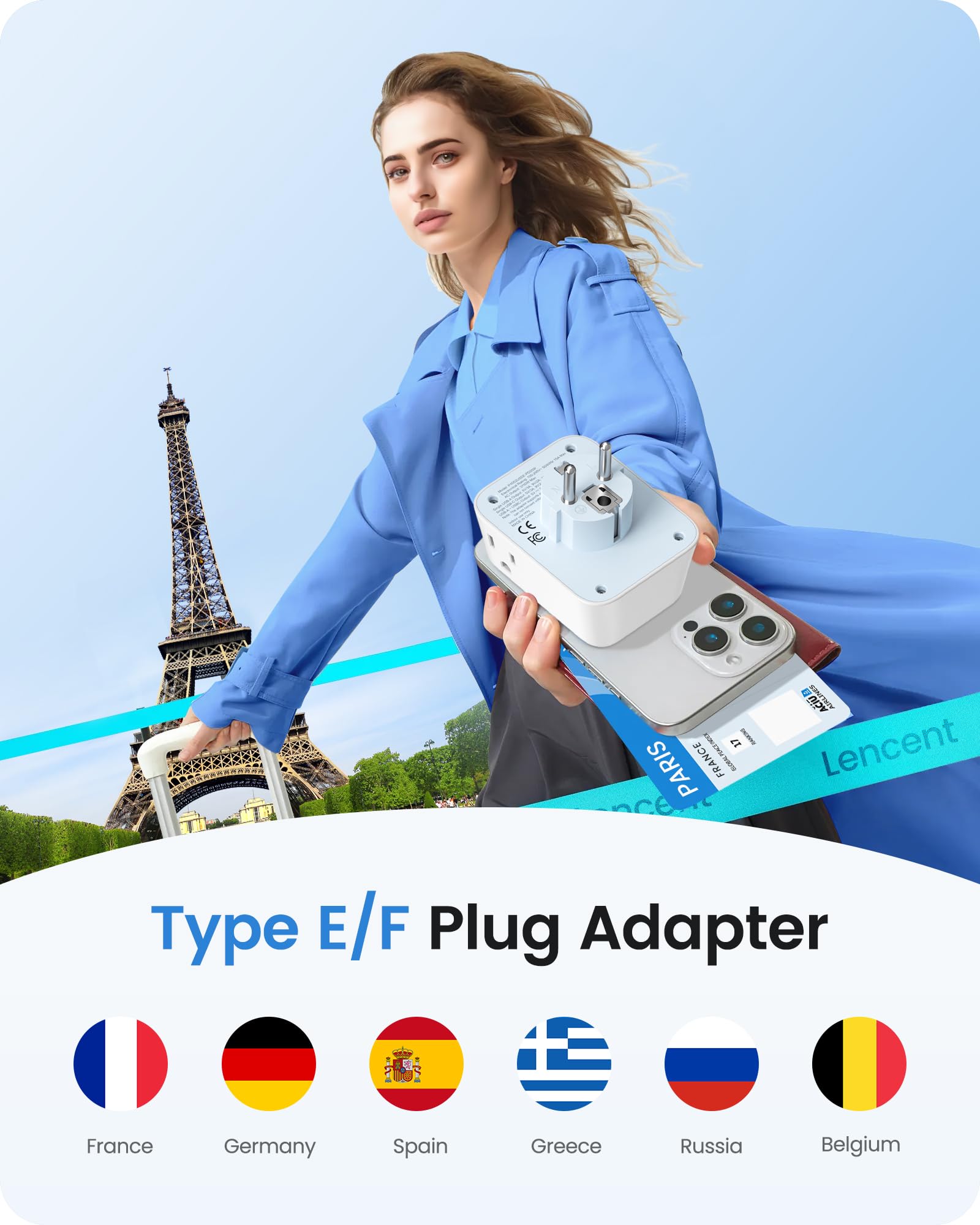 Lencent Germany France Travel Power Adapter, Pd 20W Usb C Fast Charger Adaptor, Schuko Type E F Plug Adapter With 4 Outlet, Esse