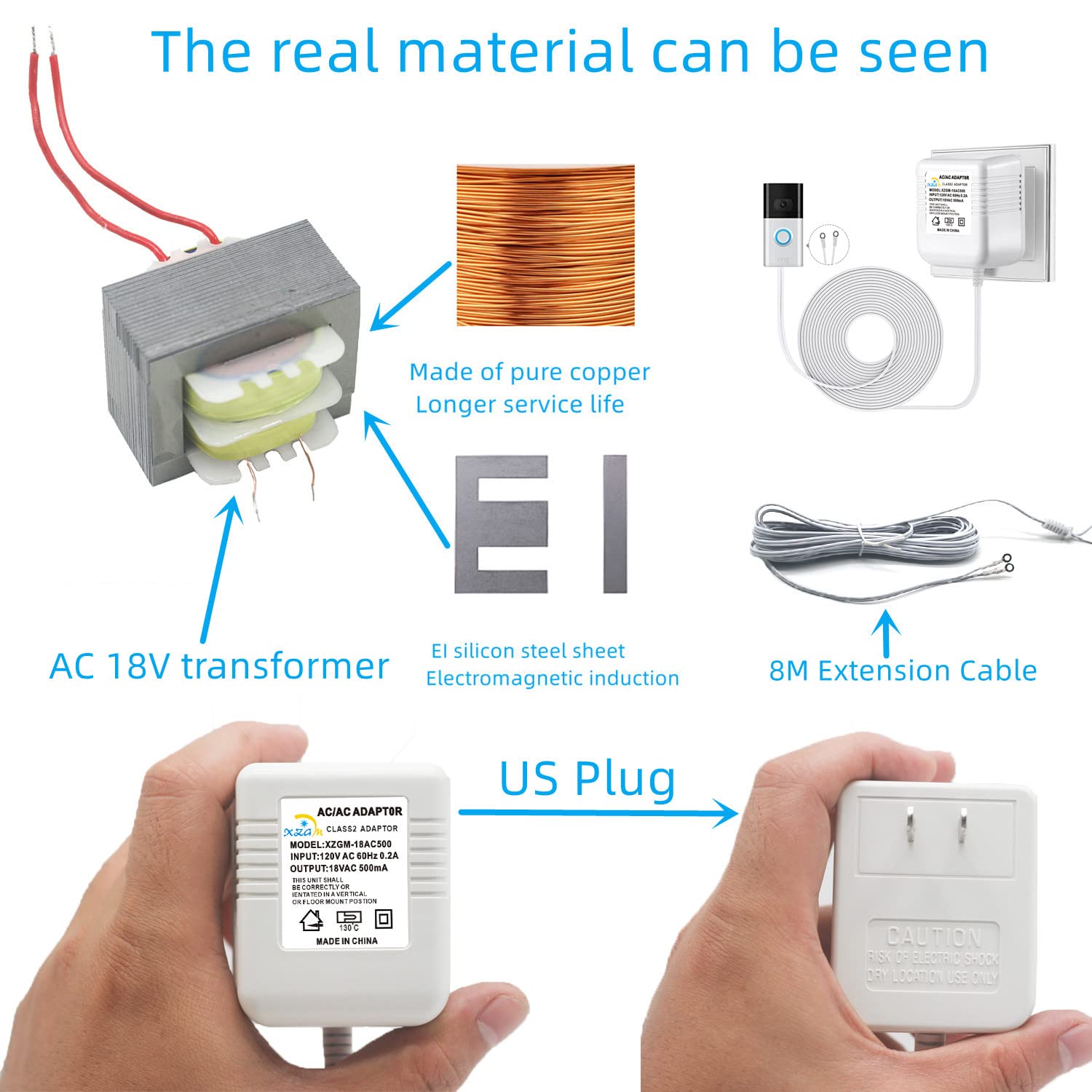 Xzgm18V500Ma Doorbell Power Adapter, Video Doorbell Special Power Transformer, Compatible With Ring, Nest, Eufy, Wyze, Arlo Wire