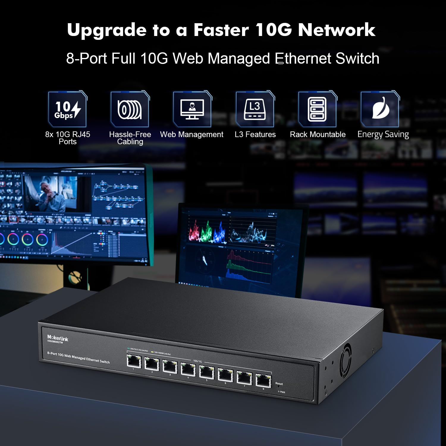 Mokerlink 8 Port 10 Gigabit Managed Switch, Support 10G/5G/2.5G/1000M Auto Negotiation, 160Gbps Bandwidth, Smart Web Managed, Me