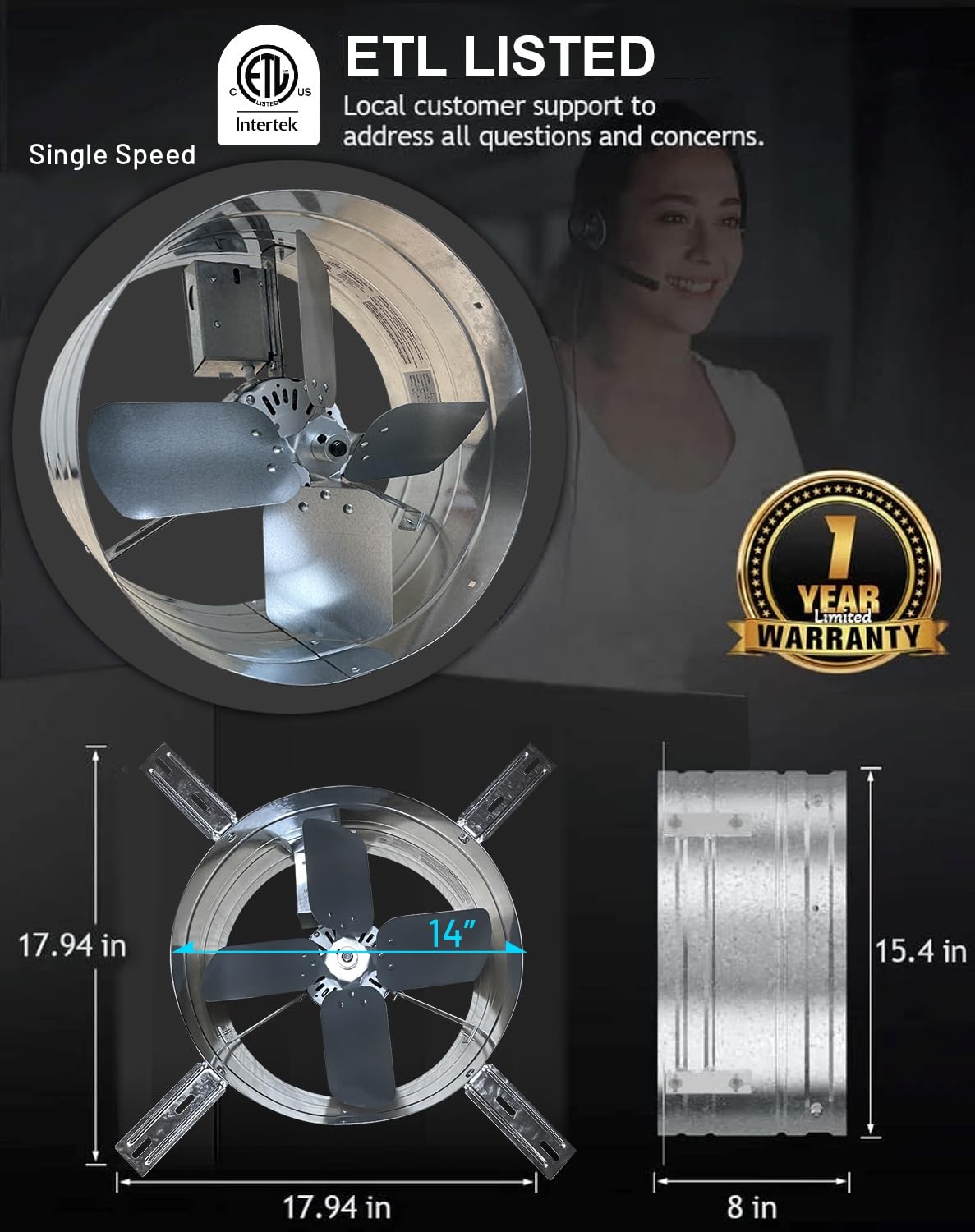 Iliving Ilg8G14-12T Automatic Gable Mount Attic Ventilator Fan With Adjustable Thermostat, 2.85 Amp, 2339 Cfm, Single-Speed