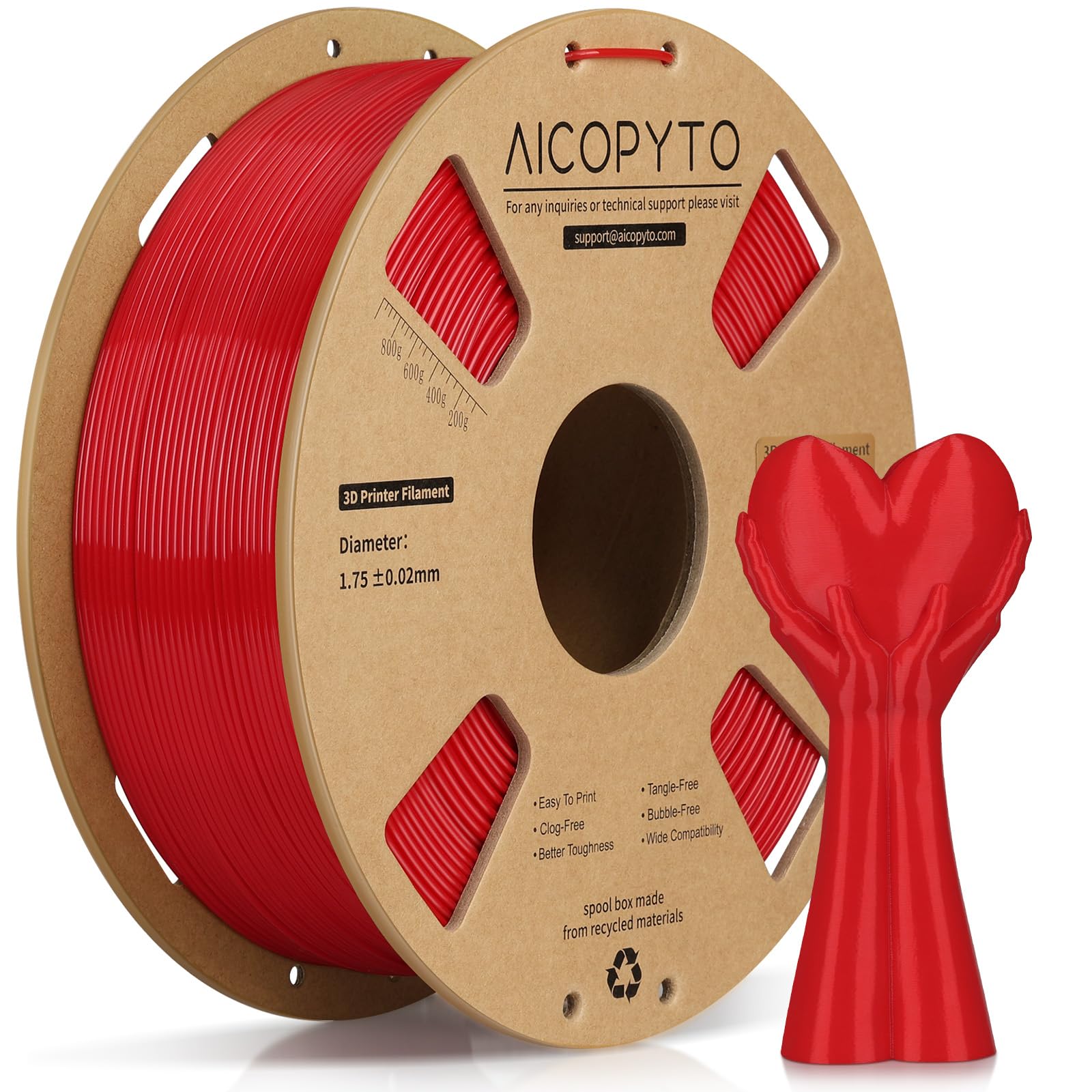 AICOPYTO PETG Filament 1KG Red, High Speed 30-600mm/s 3D Printer Filament Rapid PETG 1.75mm Dimensional Accuracy +/- 0.02mm, 1kg