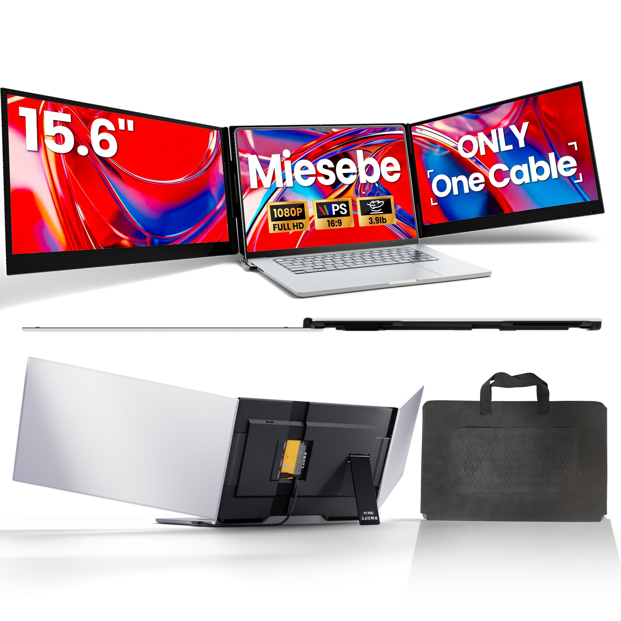 Miesebe Laptop Screen Extender Triple Monitor, 15.6 FHD 1080P USB-C One Cable Plug n Play Portable Monitor for Laptops 13-17, 0.
