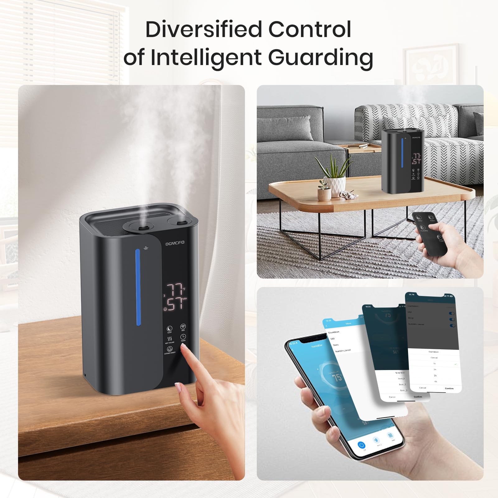 Ogacfo 5L Smart Air Humidifiers For Bedroom With Essential Oils, Top Fill 50H Runtime Cool Mist Large Humidifiers For Home Bedro