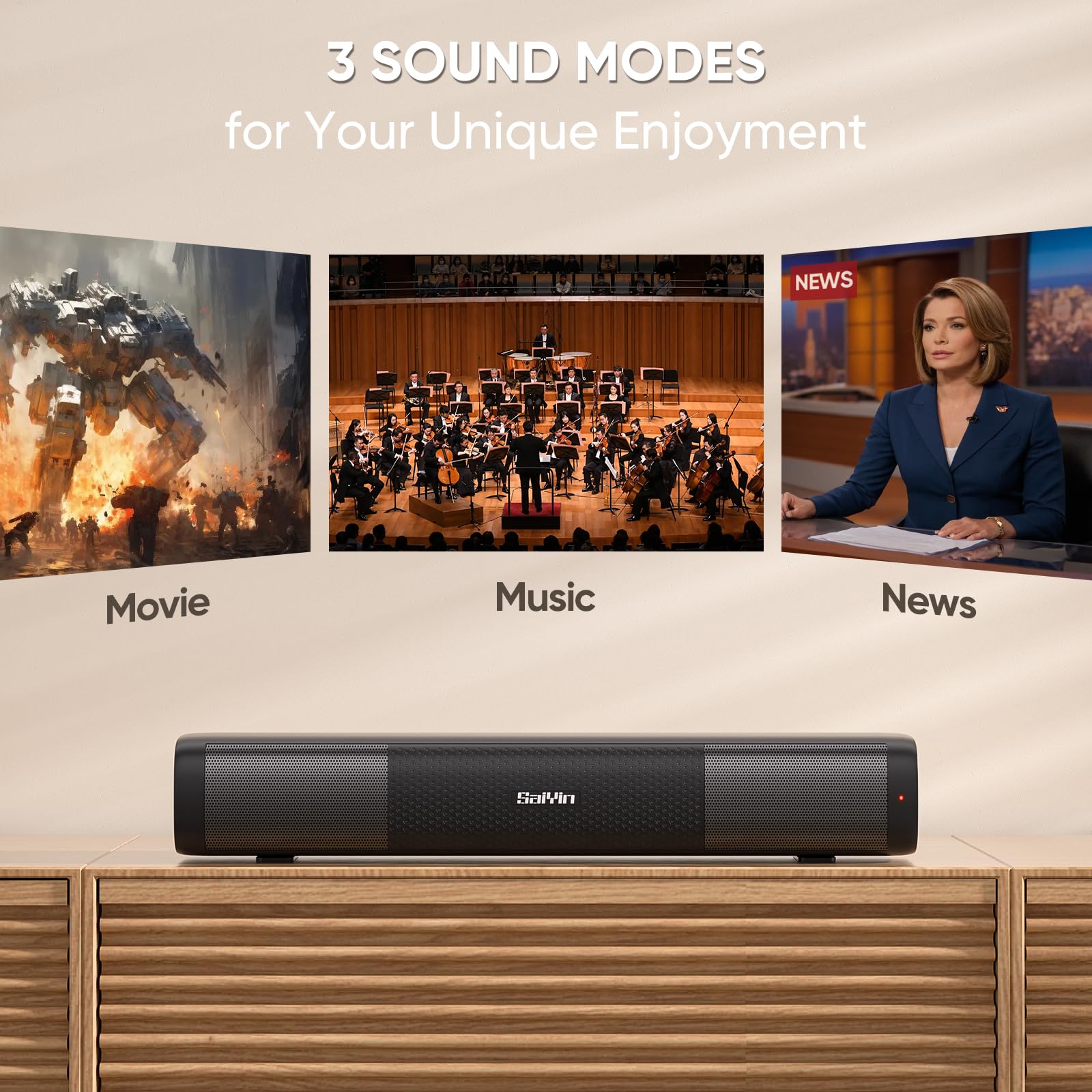 Saiyin 15.2 Inch Compact Sound Bar For Smart Tv, 50W Soundbar For Tv With Bluetooth5.3, Opt & Aux, Easy Setup & Wall Mountable,