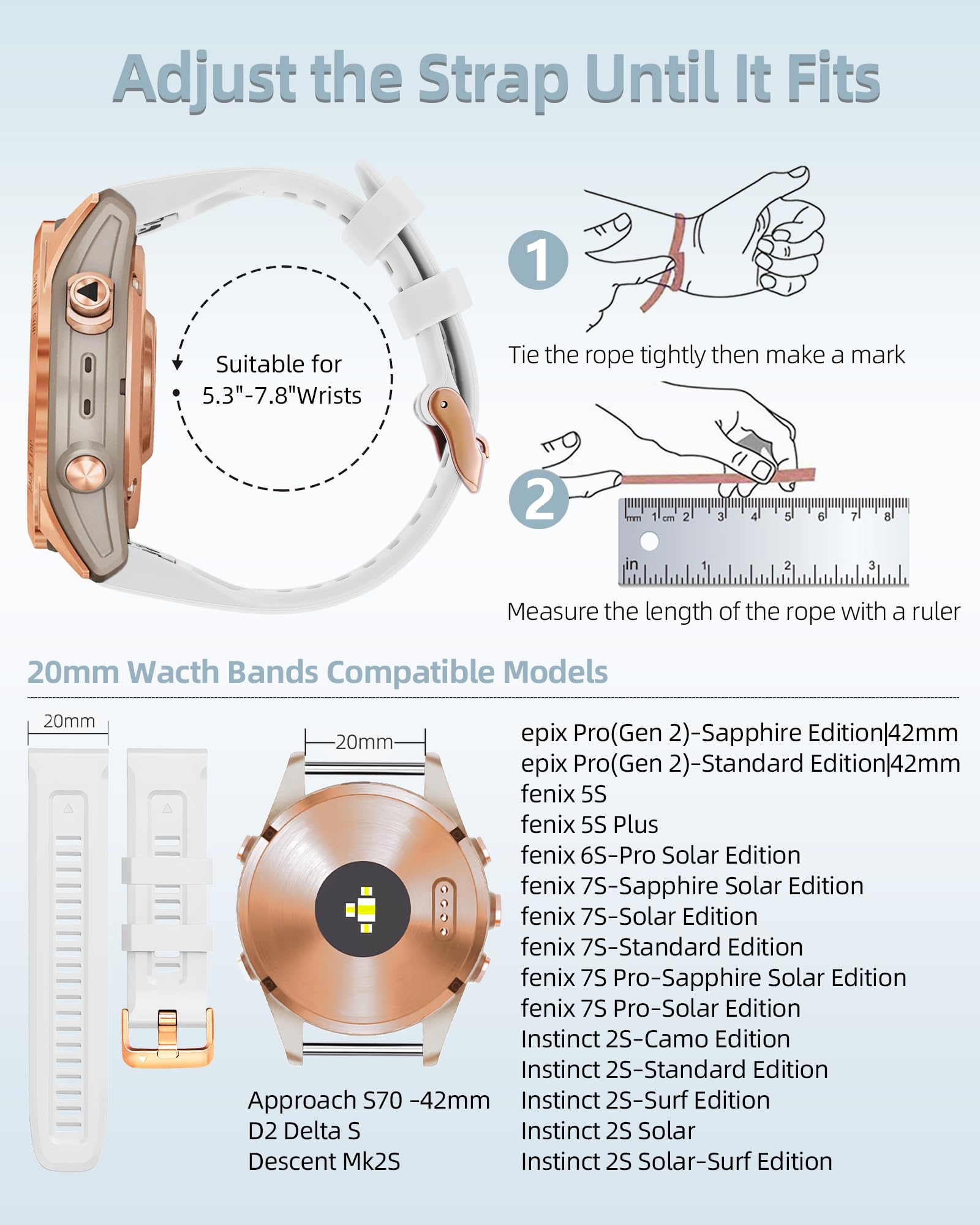 Outvi 20Mm Watch Band For Garmin Fenix 5S Fenix 6S Fenix 7S Pro Soft Silicone With Rose Gold Buckle Quick Fit 20 Bands Replaceme