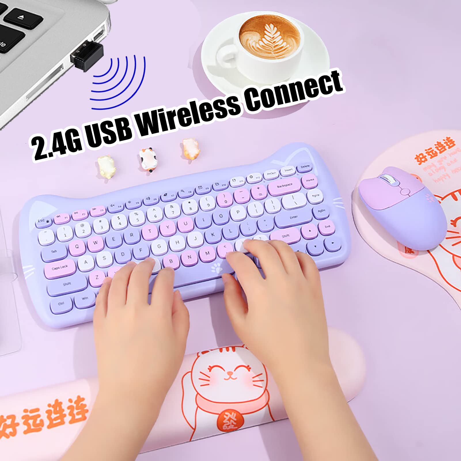 Cute Cat 2.4G Usb Wireless Keyboard And Mouse Combo, Silent Keys, Candy Colors, Compatible With Notebook, Pc (Purple 84Keys)