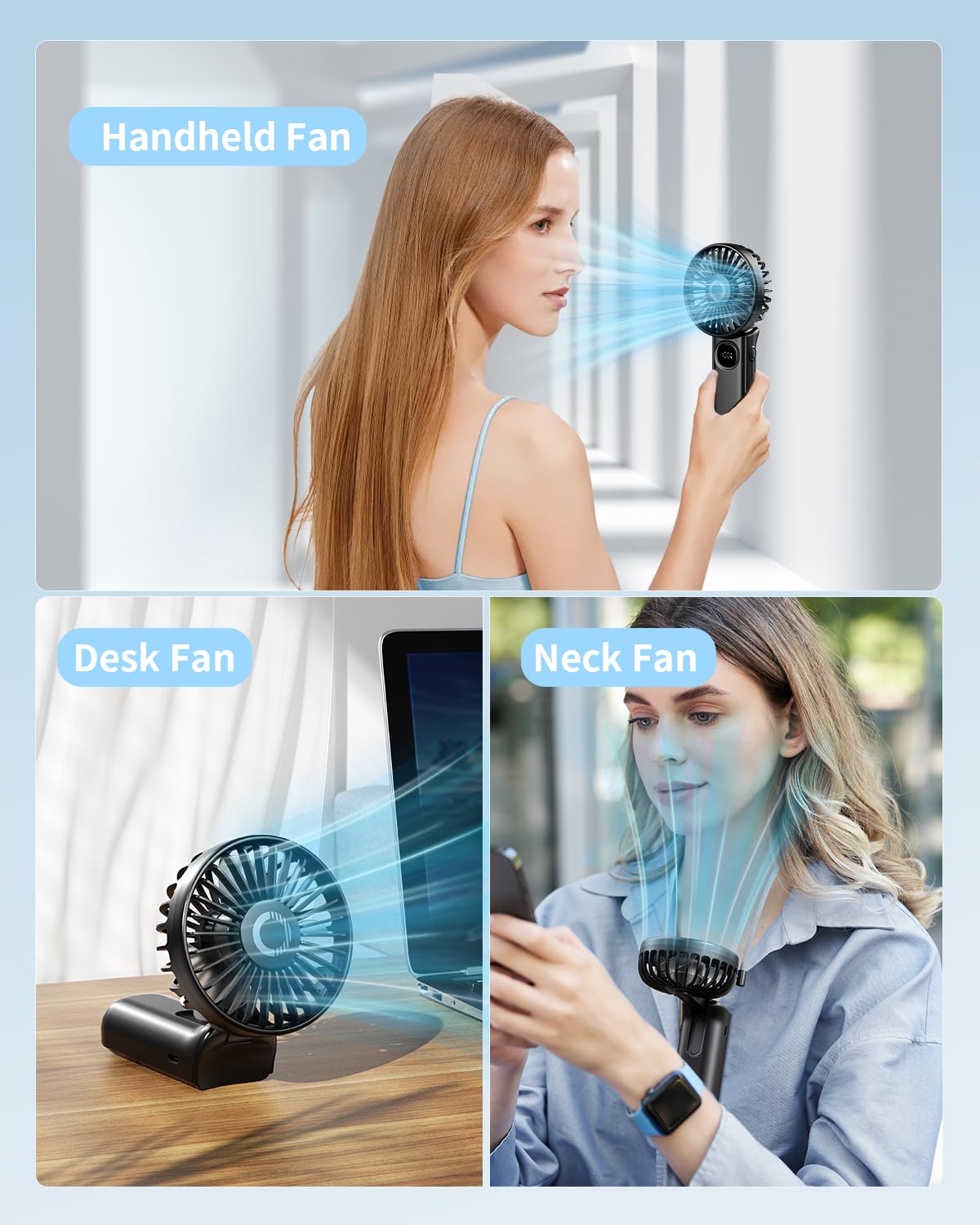 Handheld Fan, Foldable Portable Fan With Led Display, 3000Mah Battery Operated Mini Hand Held Fan, Handheld/Neck/Desk 3 In 1 Per
