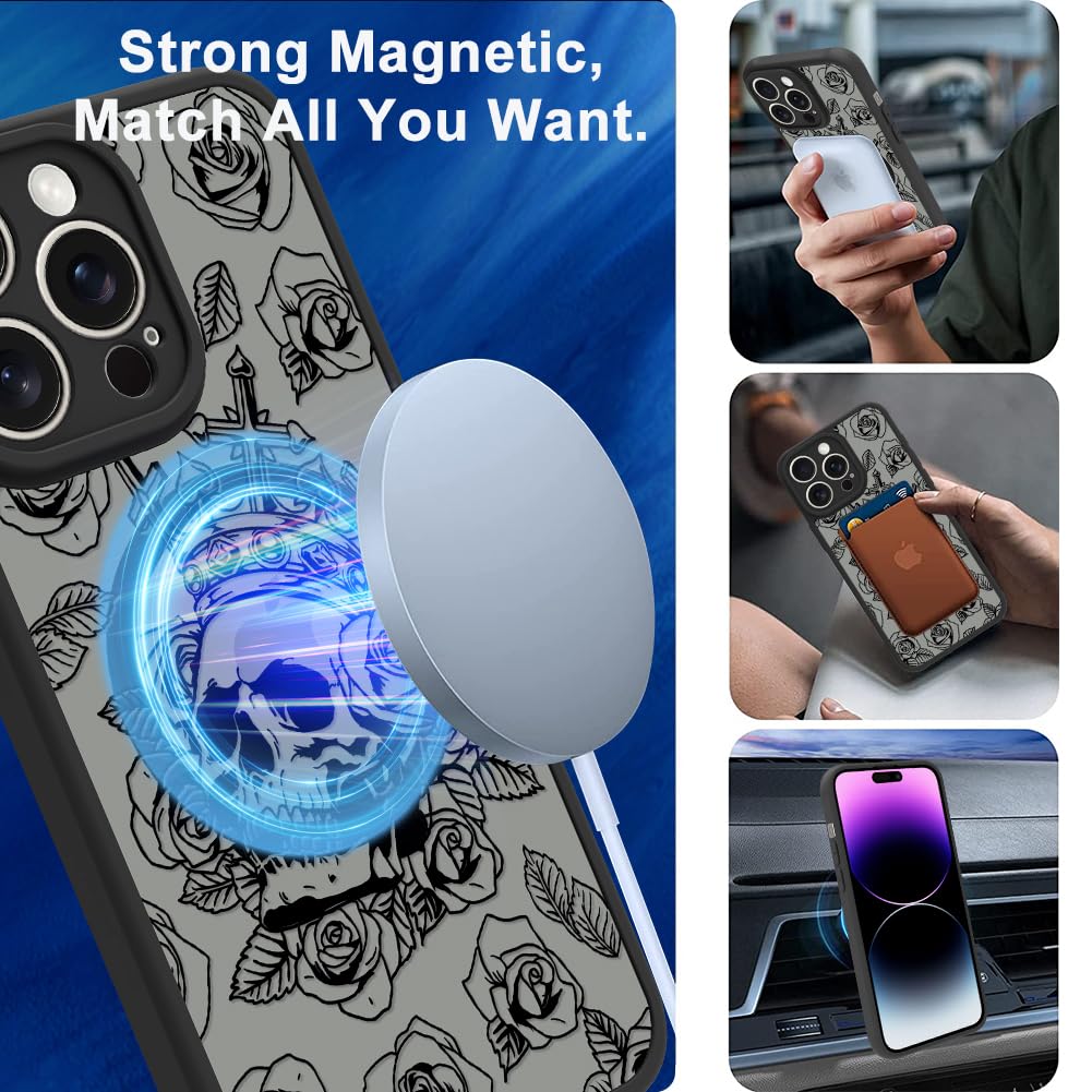 Ook Magnetic For Iphone 14 Pro Max Case Black Skull Flower [Compatible With Magsafe] Slim Translucent Matte Camera Lens Protecti