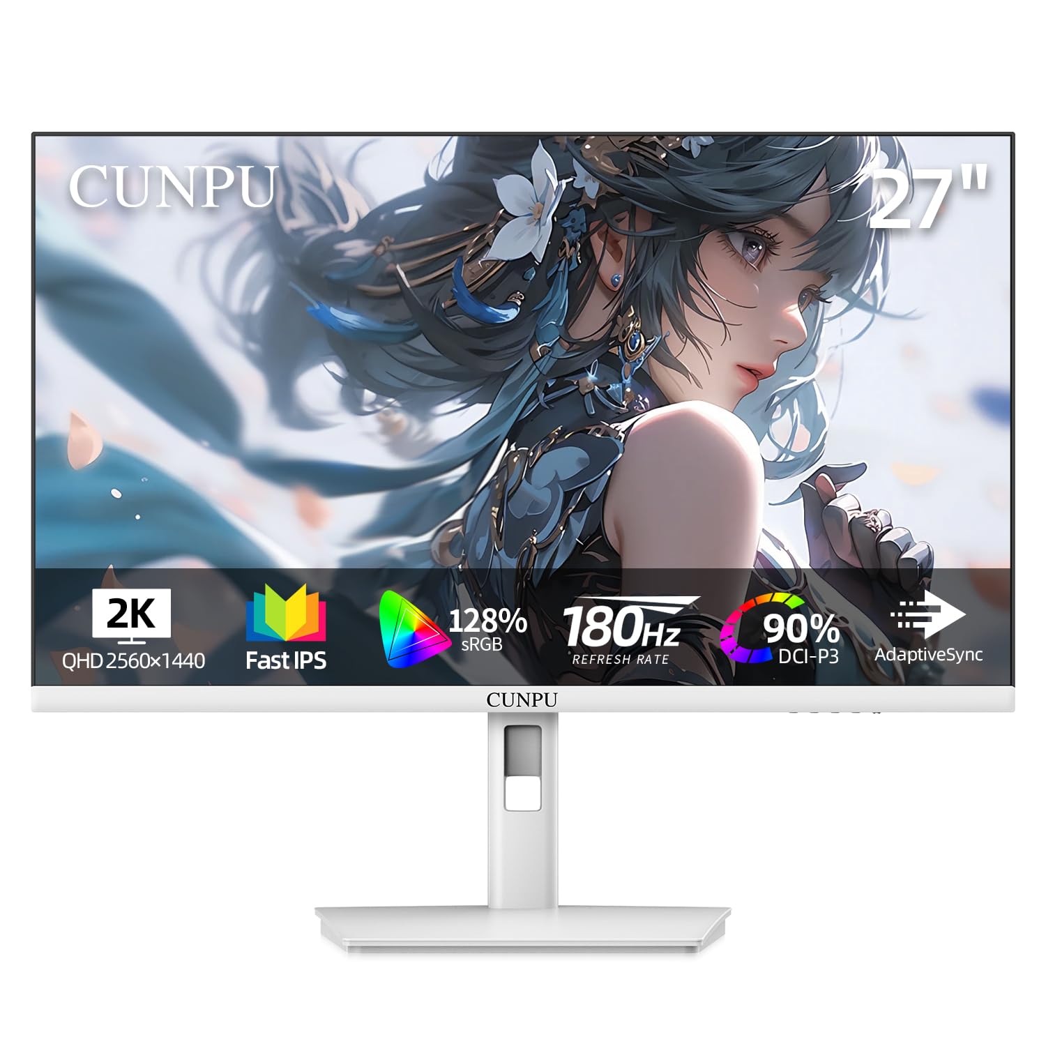 Cunpu 27 Inch White 180Hz Gaming Monitor, Qhd 2560X1440 Fast Ips Pc Monitor, Adaptive Sync, 100% Srgb, Hdr10, Built In Speaker,