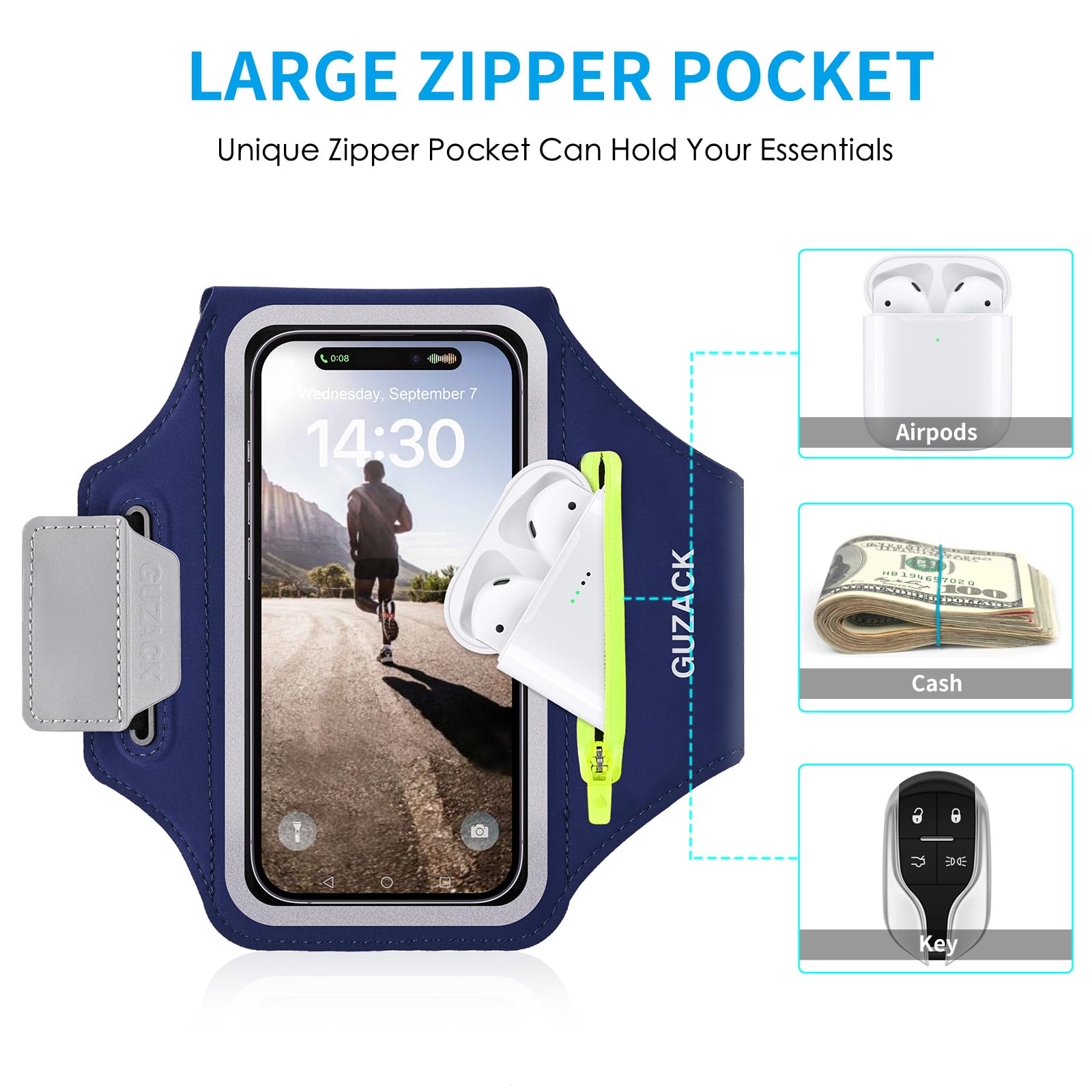 Guzack Running Armband, Running Phone Holder With Key Pockets & Card Slot For Iphone 15 14 13 12 11 Pro Max Plus, Galaxy S24 S23