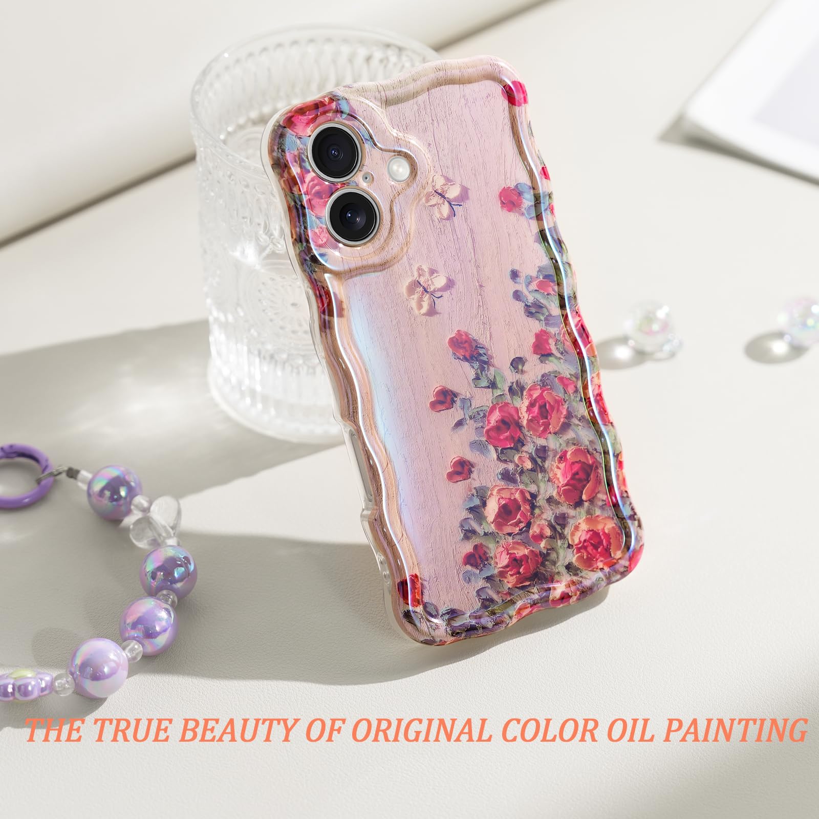 Sheheme For Iphone 16 Plus Case [With 9H Screen Protectors] Wave Bumper Colorful Oil Painting Flowers Print Blue Glossy Soft Tpu