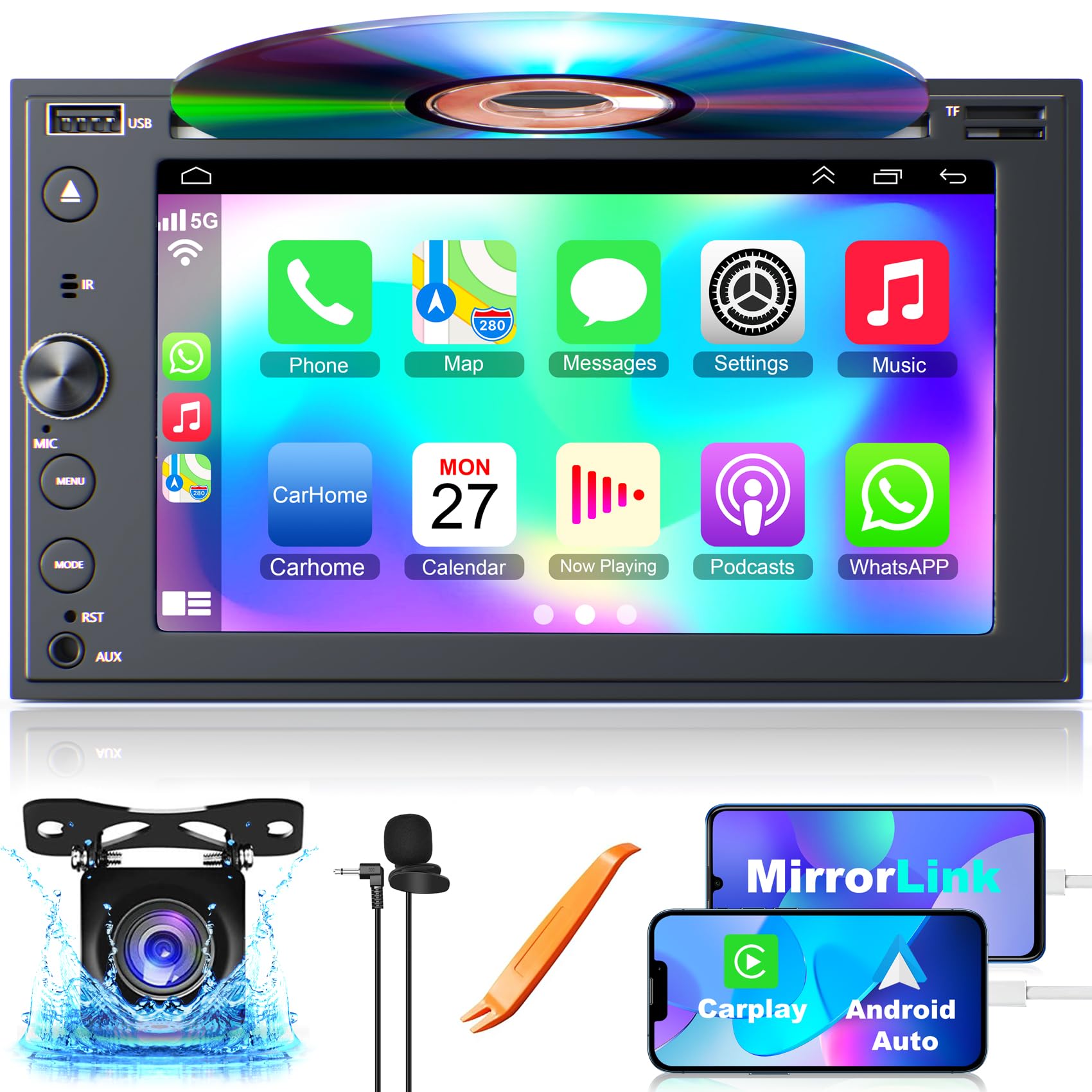 Double Din Car Stereo With Cd/Dvd Player, 7 Inch Touch Screen Car Stereo With Apple Carplay&Android Auto, Bluetooth5.2, Backup C