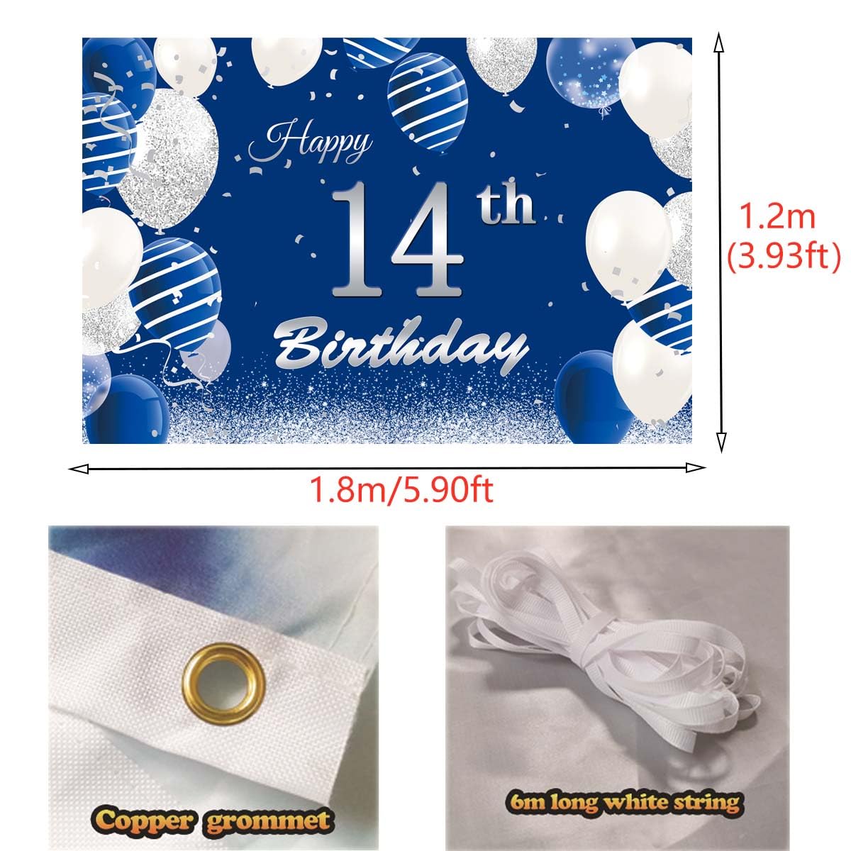 Jumdaqq 14Th Birthday Decorations For Boys, Happy 14Th Birthday Banner Photography Background Blue Silver, 14Th Birthday Backdro