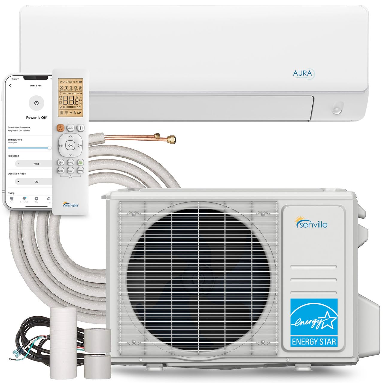 Senville Aura Series Mini Split Air Conditioner Inverter Heat Pump, 33000 Btu, Energy Star, White