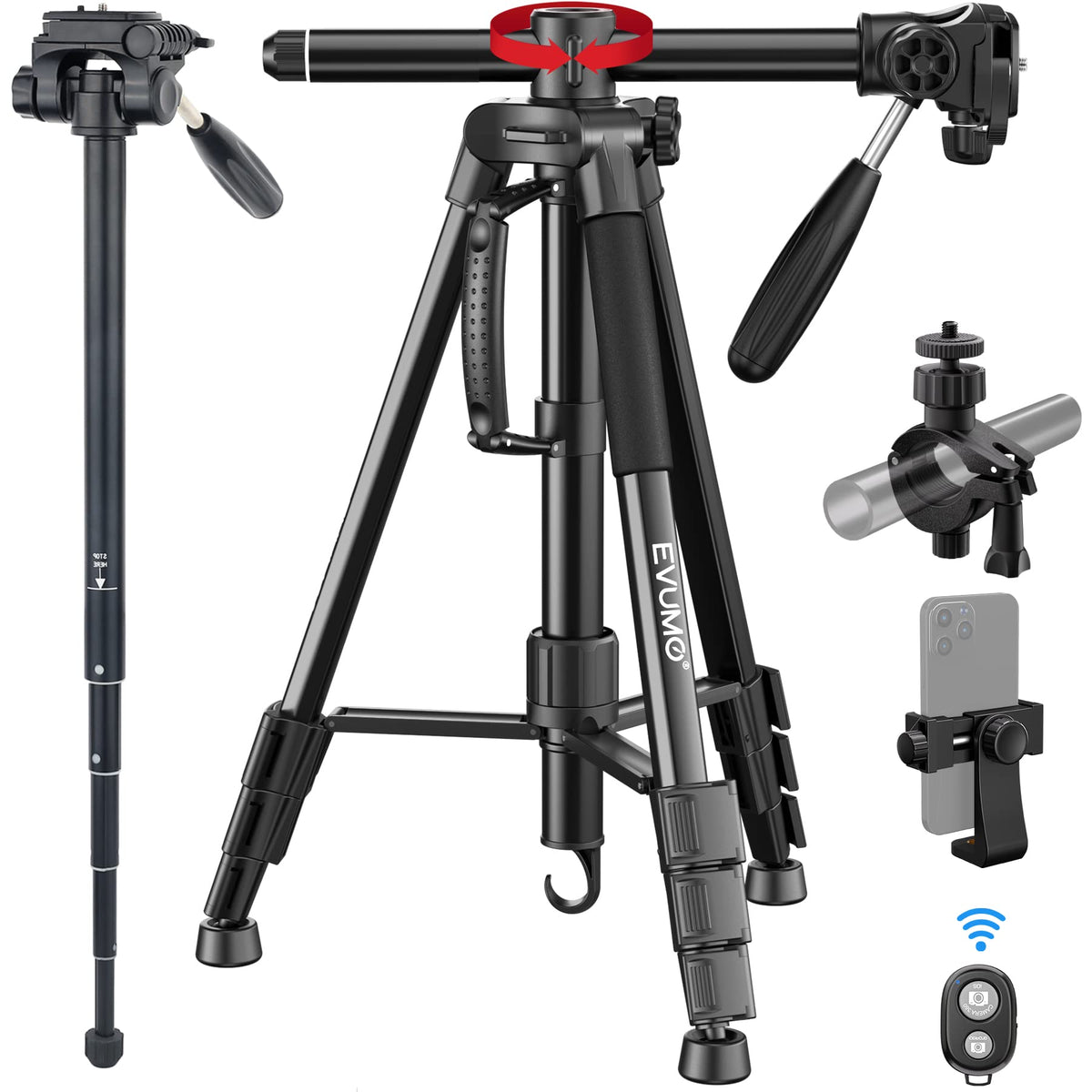 Evumo Hf3 Tripod For Camera, 65'' Horizontal Center Column Camera Tripod Monopod With Remote And Phone Mount, Horizontal Arm Cam