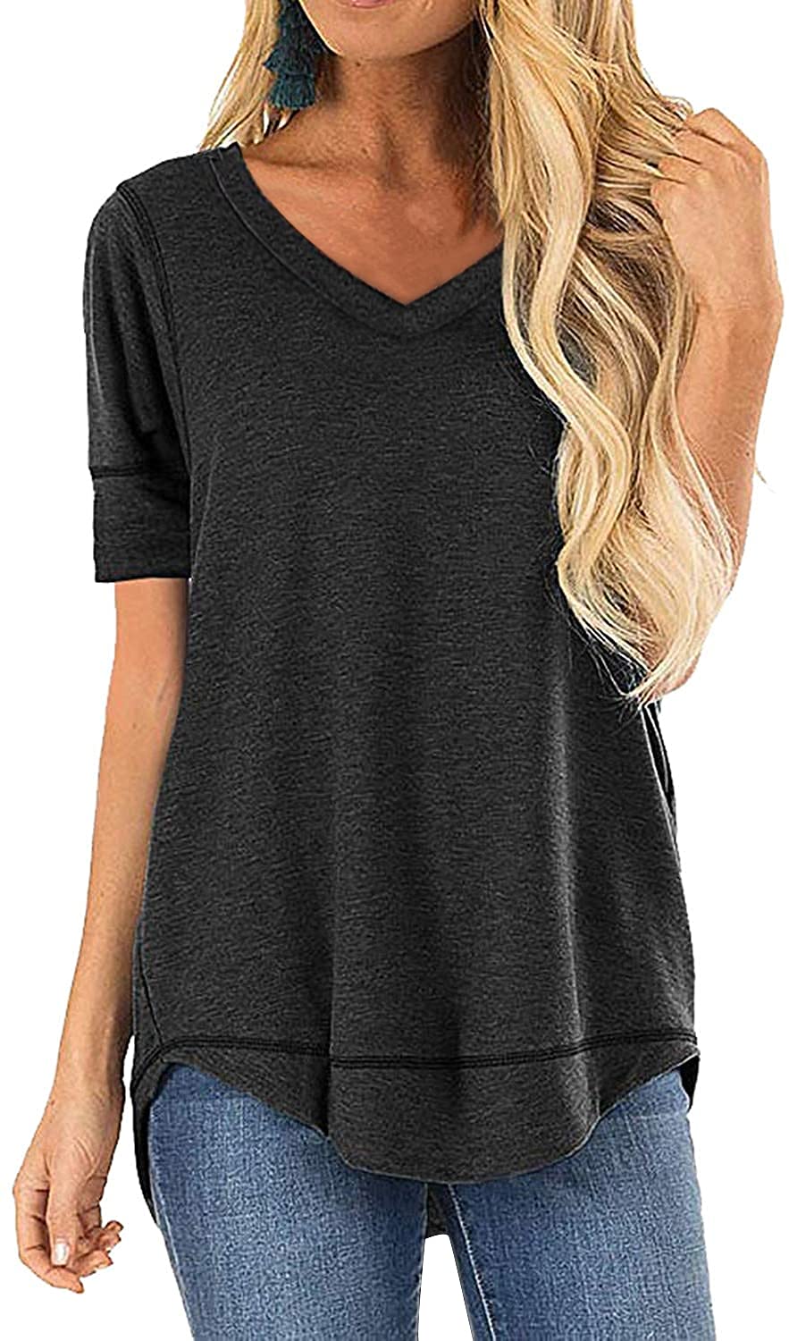 Jomedesign Summer Shirts For Women Short Sleeve V Neck T Shirts Casual Side Split Tunic Tops Black X Large