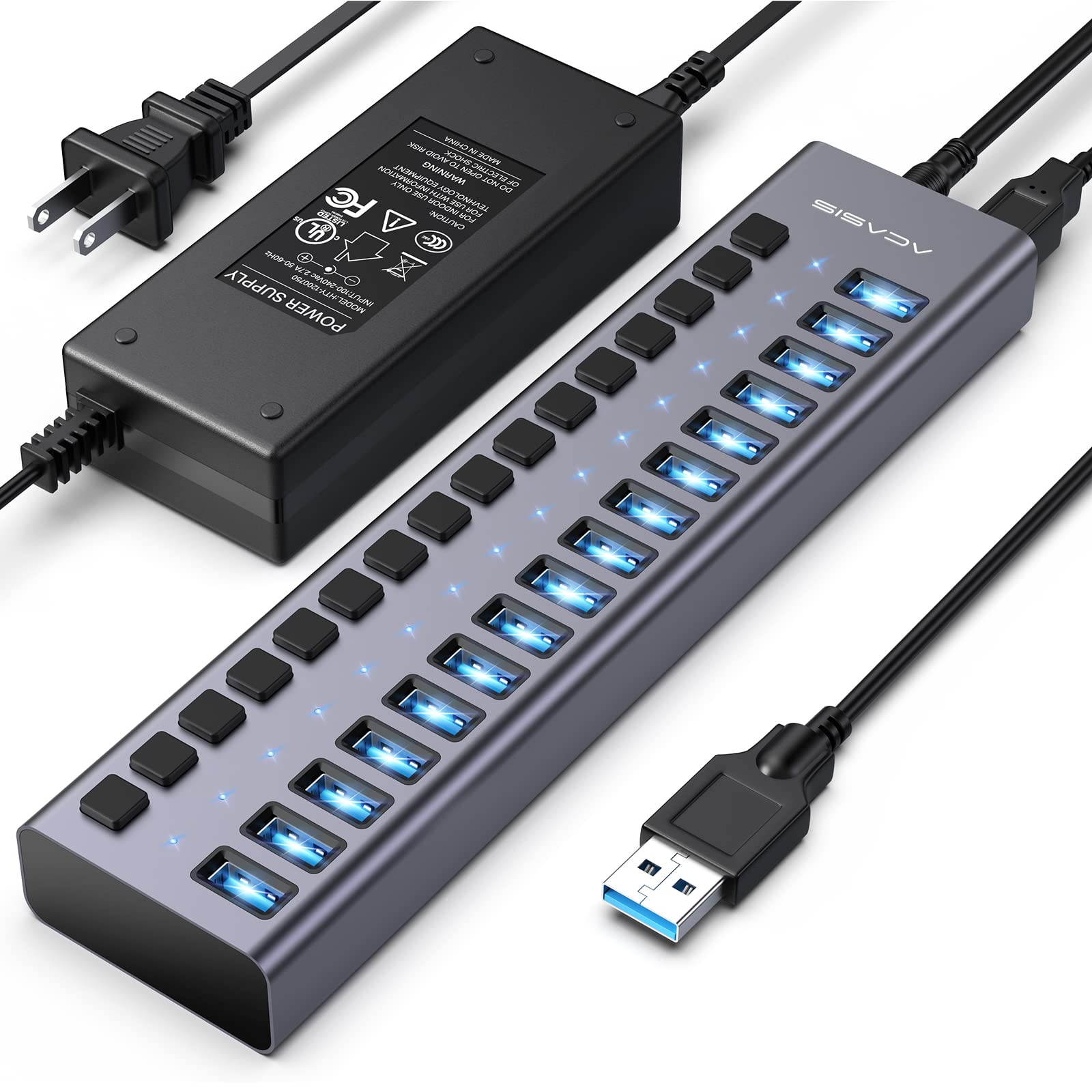 Powered Usb 3.1 Hub, Acasis 16 Ports Usb 3.1 Hub With 10Gbps Data Speed,Aluminum Housing, Usb Hub Powered With 96W Power Adapter, Usb Hub For Pc/Laptop, Computer, Flash Drive, Printer, Camera