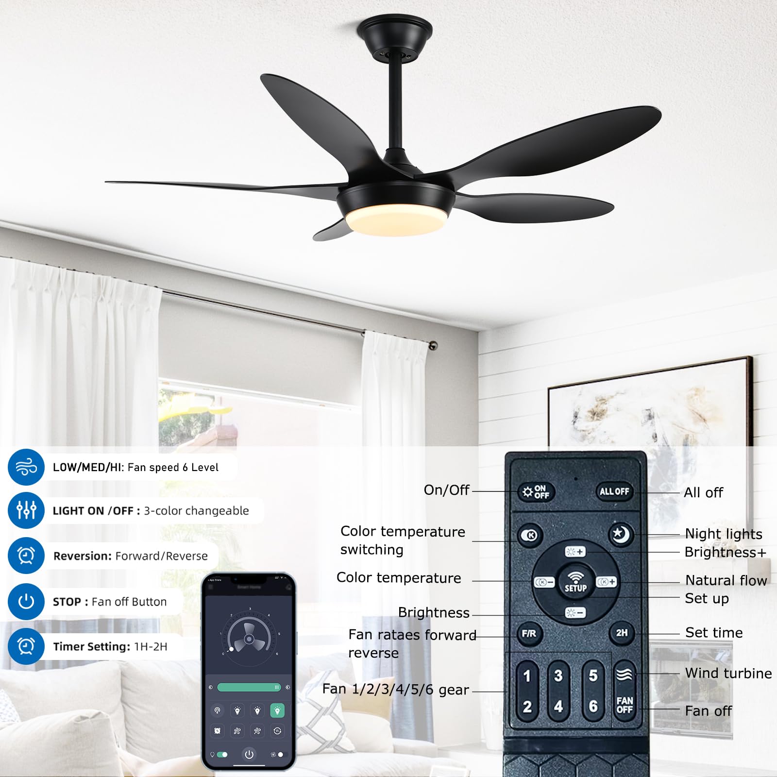 Fumltp 46 Inch Black Modern Ceiling Fans With Lights Remote/App Control, Low Profile Reversible 6 Speeds Ceiling Fan Light For I