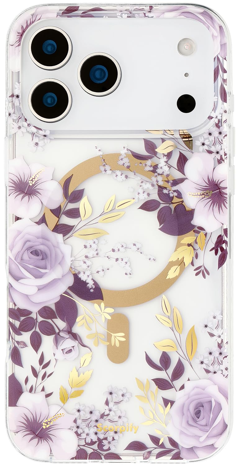 SCORPIFY for iPhone 17 Pro Max Case [Compatible with MagSafe] with Purple Hibiscus and Rose Floral Design, Cute Clear Flower Mag