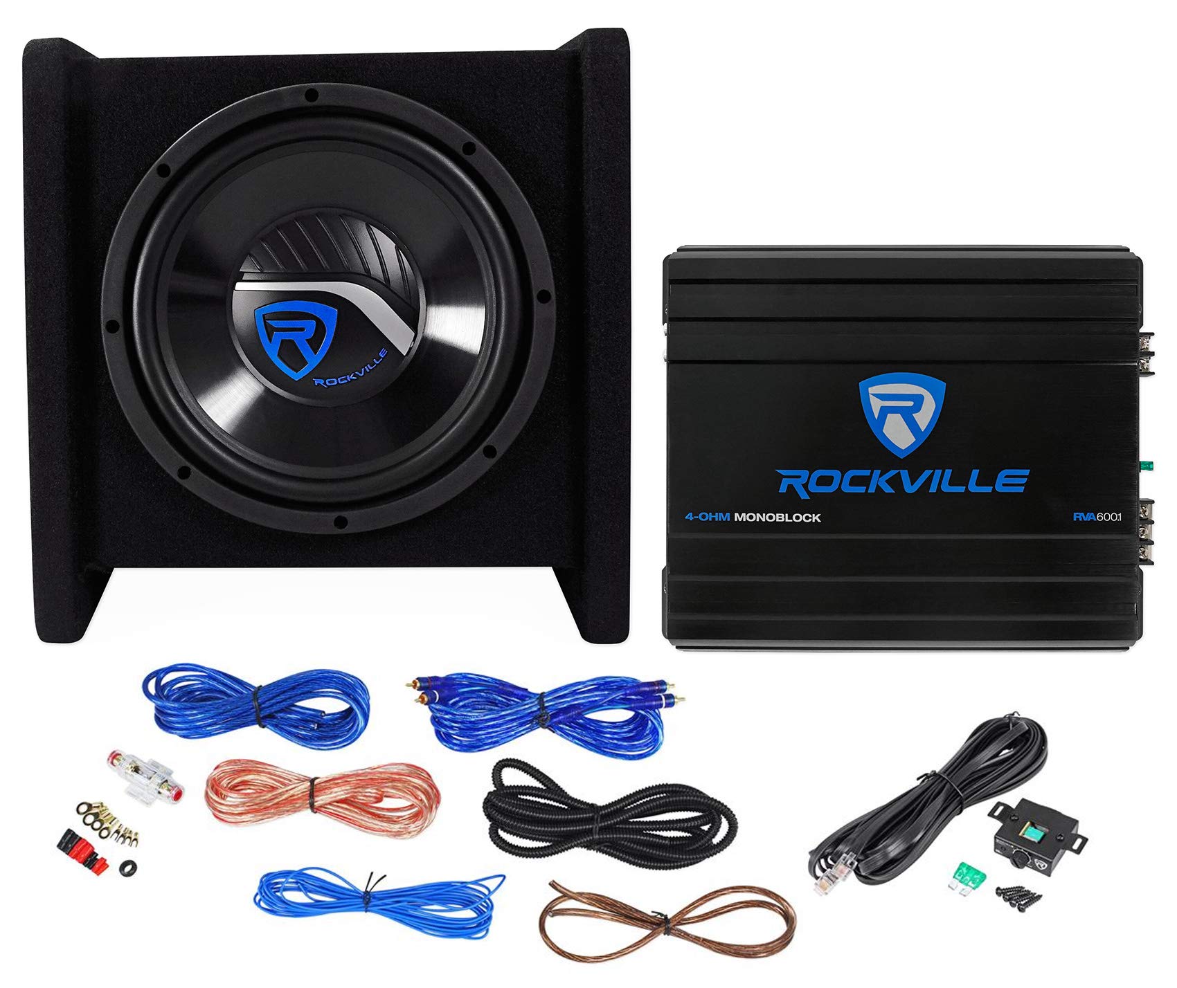 Rockville Rv10.1D 500W 10'' Loaded Car Subwoofer Enclosure+Mono Amplifier+Amp Kit,Black
