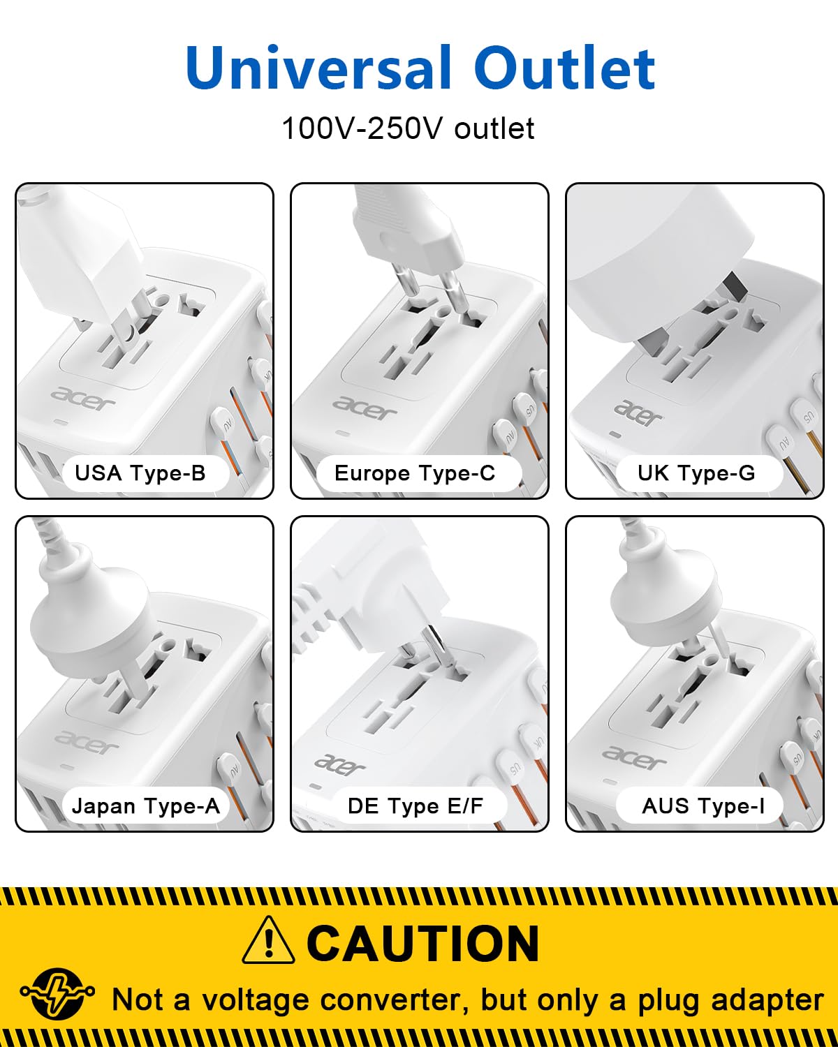 Acer Universal Travel Plug Adapter   International Power Adapter With 5 Usb Ports (3 Usb C) 5.8A, Worldwide Outlet Charger For U