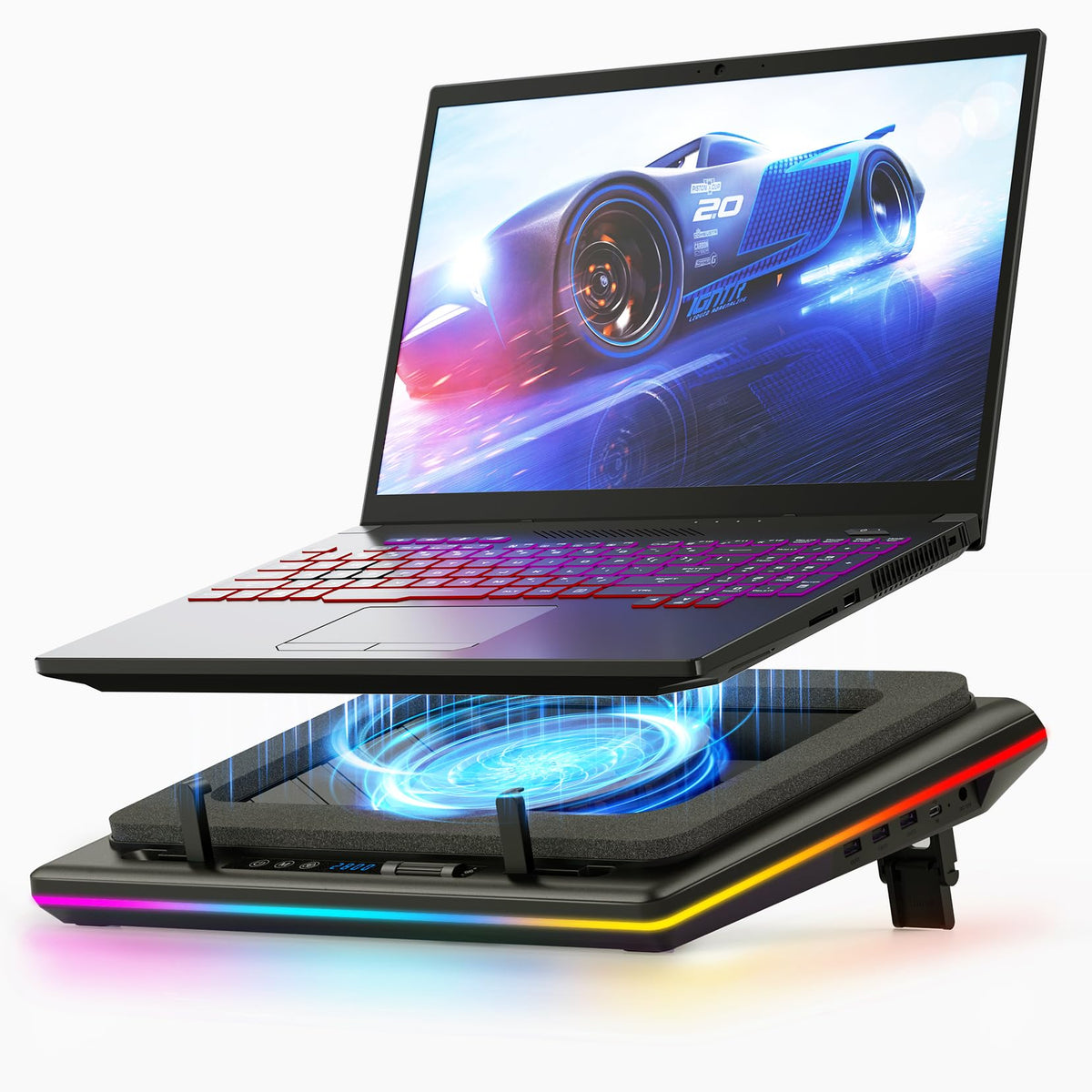 Llano Laptop Cooling Pad, Black, Powerful Turbofan, Rgb, Touch Control, Lcd Screen, Seal Foam, 15 19In