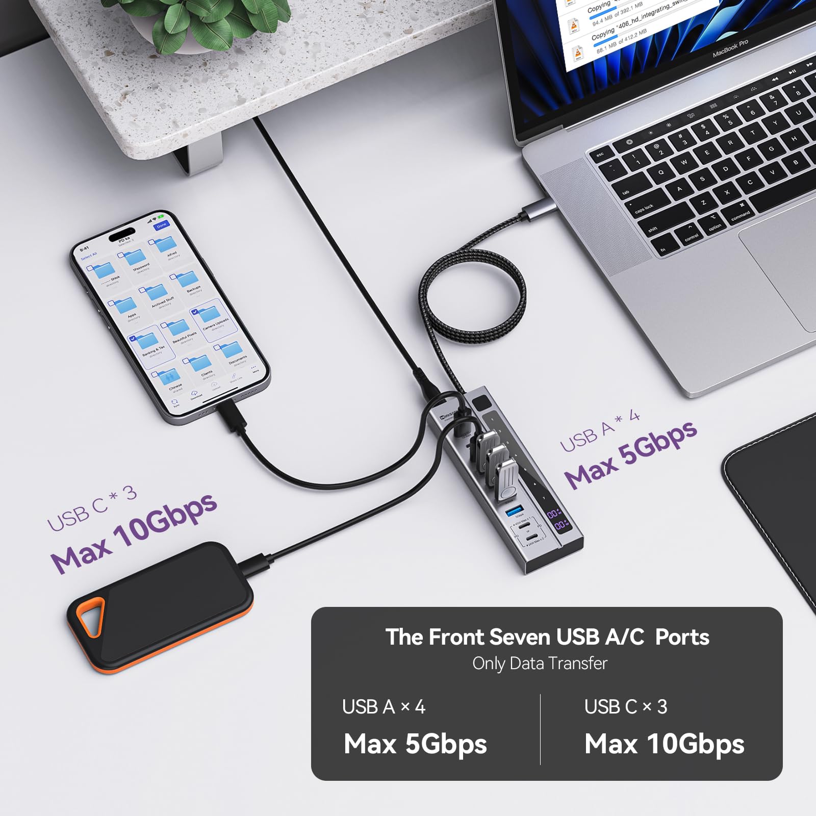 Minisopuru Powered Usb C Hub   Support Max 45W Charging With 72W Power Adapter, 10Gbps Data Transfer, Usb C To Usb C Hub Chargin