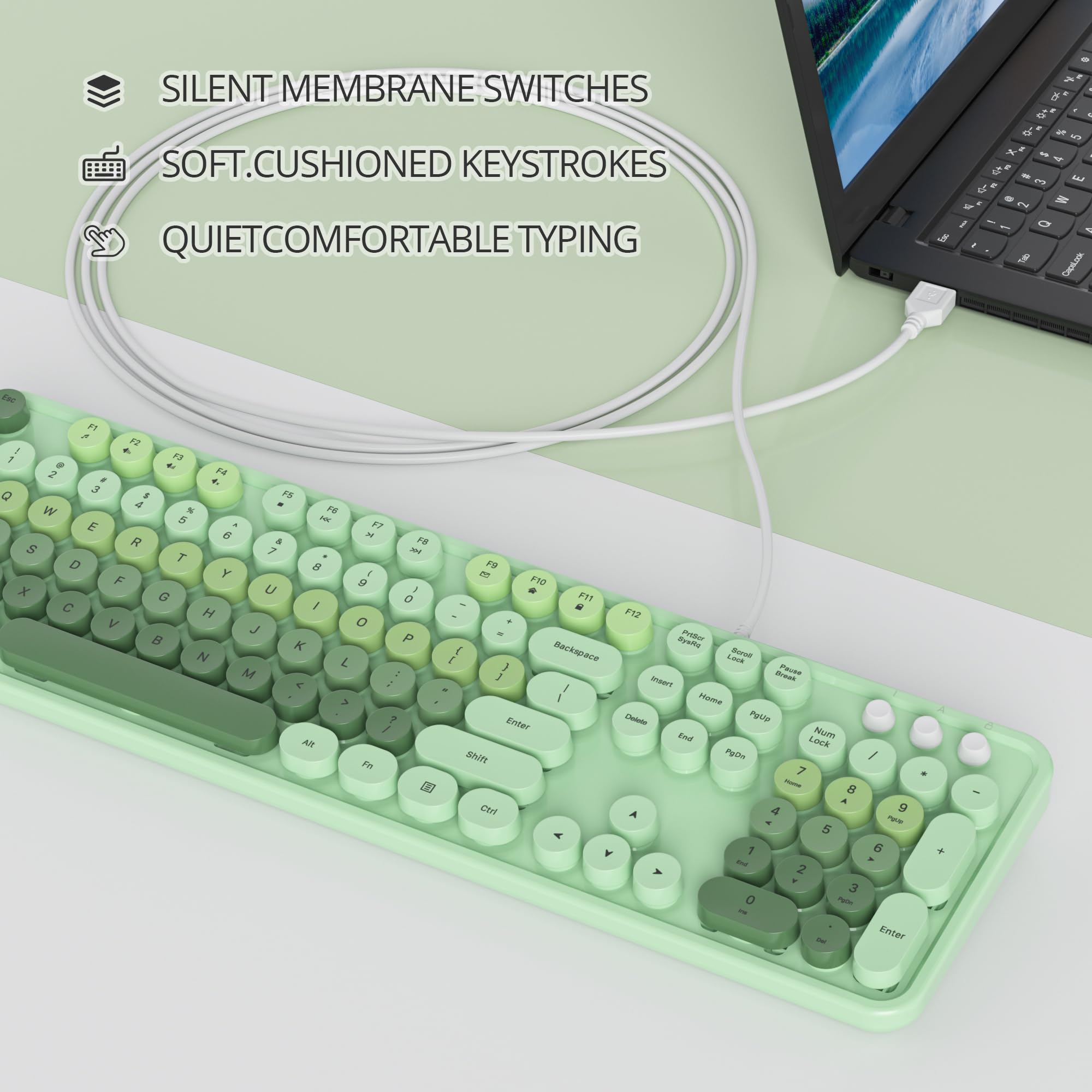 Owpkeenthy Typewriter Green Cute Keyboard With Floating Round Keys, Full Size Wired Retro Keyboard Click Feeling With Foldable S