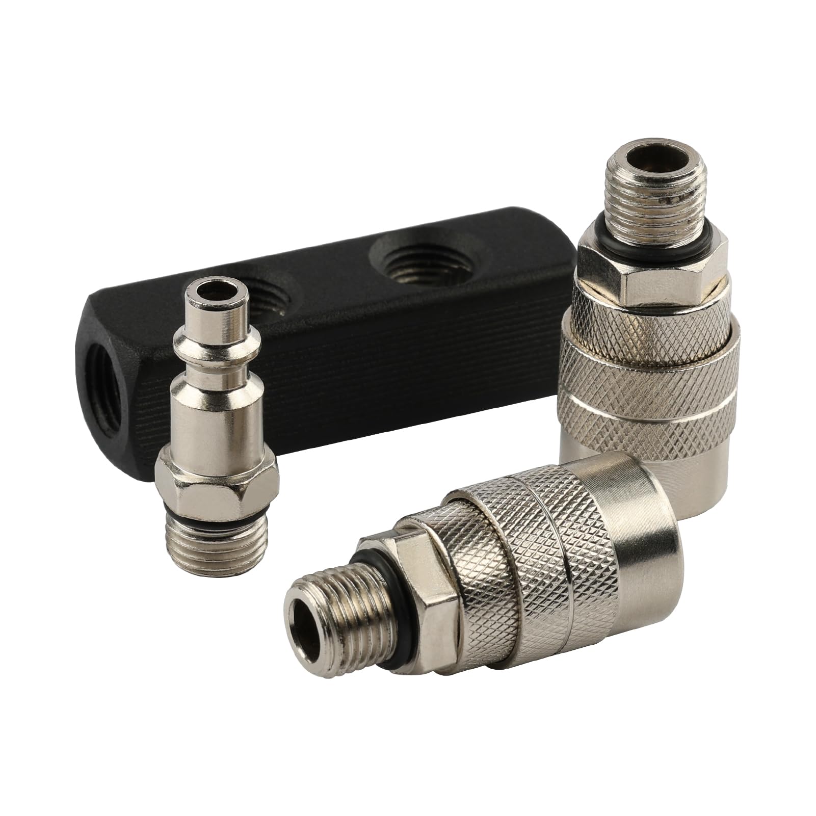 FORNAX 2-Way Air Manifold Splitter with 2 Couplers, 1/4 NPT Male Plug, Black Air Compressor Hose Quick Connect Socket