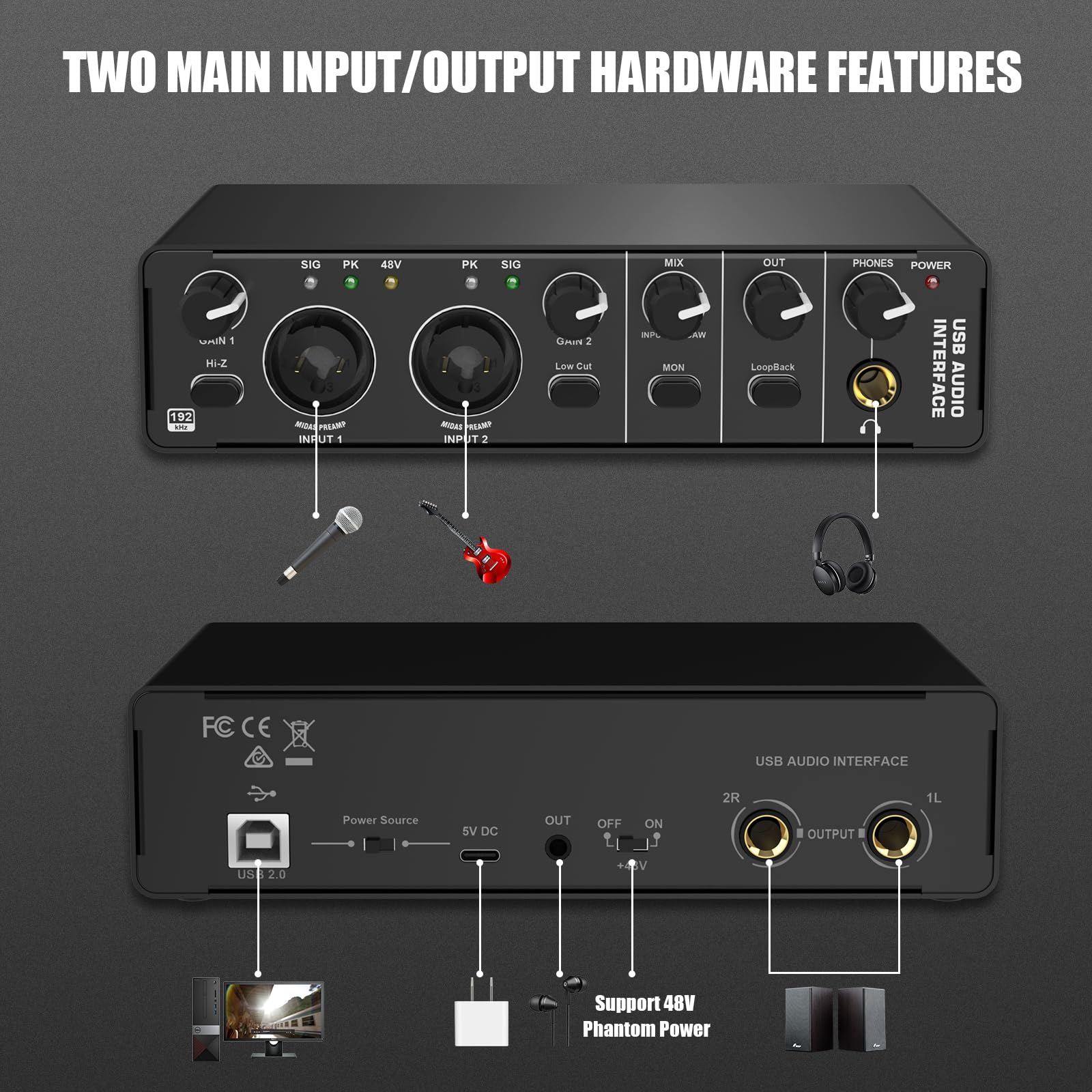 Audio Interface, Rhm 2 In 2 Out Usb Audio Interface With 48V Phantom Power For Recording, Professional Audio Mixer & Mic Preampl